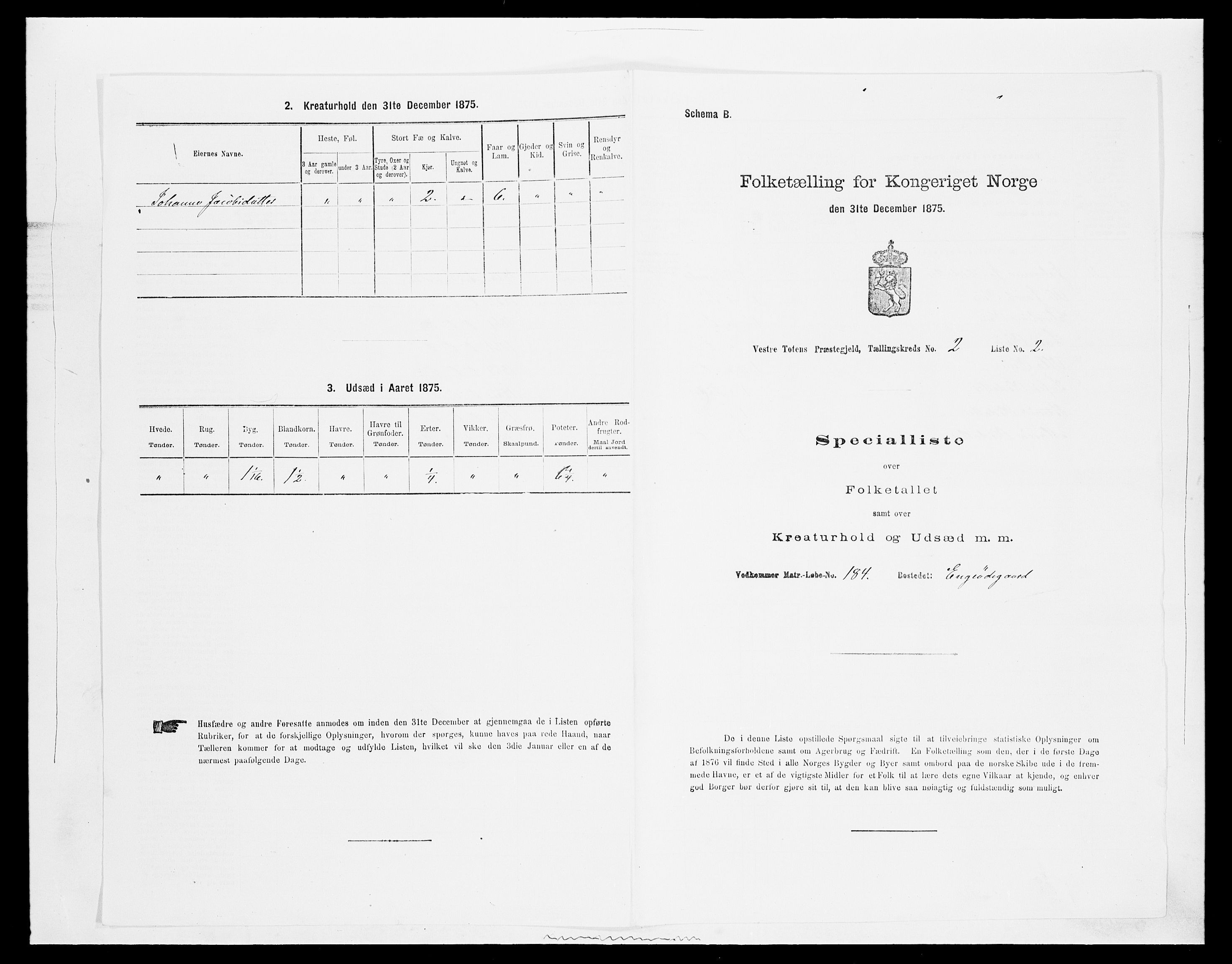 SAH, 1875 census for 0529P Vestre Toten, 1875, p. 429