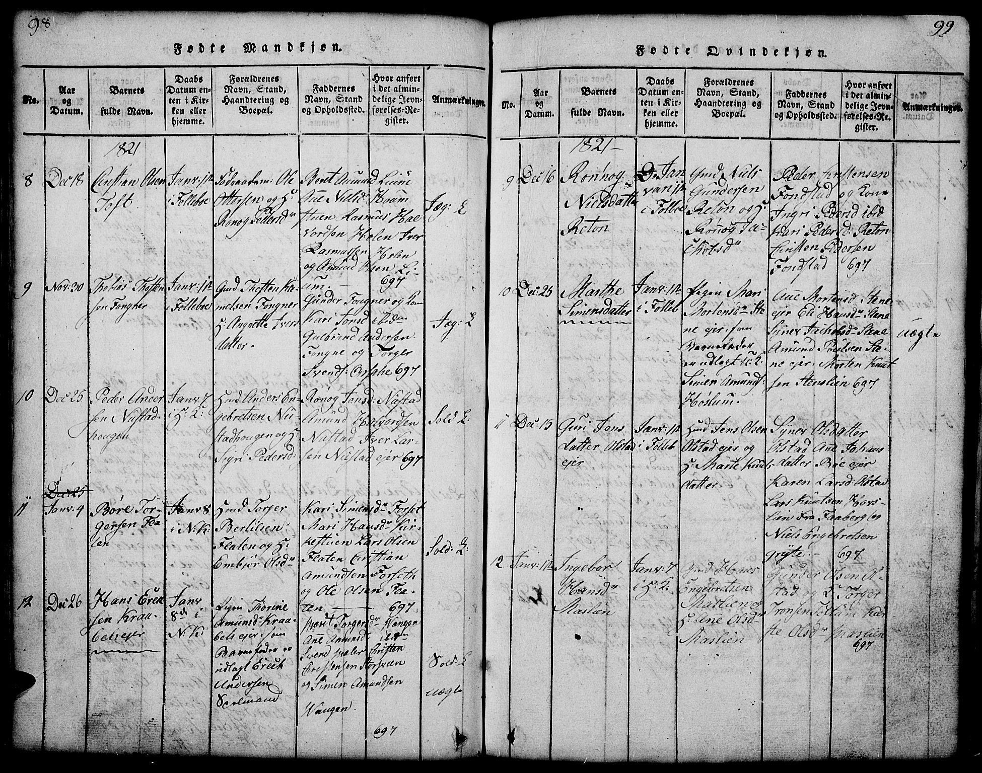 Gausdal prestekontor, SAH/PREST-090/H/Ha/Hab/L0001: Parish register (copy) no. 1, 1817-1848, p. 98-99