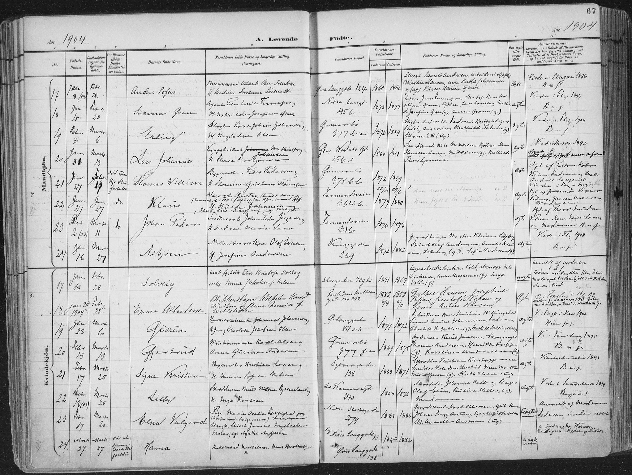 Tønsberg kirkebøker, AV/SAKO-A-330/F/Fa/L0014: Parish register (official) no. I 14, 1900-1913, p. 67