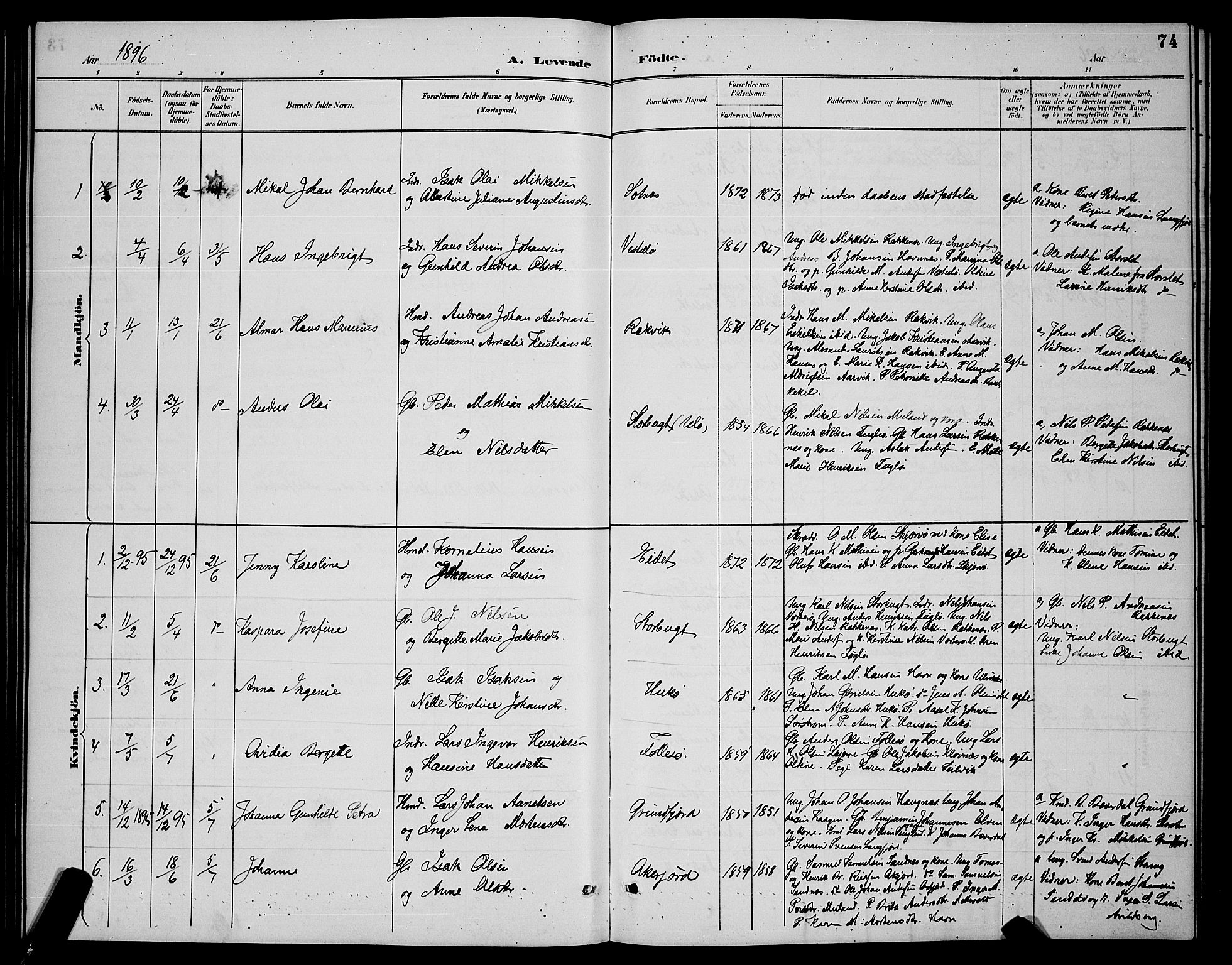 Skjervøy sokneprestkontor, AV/SATØ-S-1300/H/Ha/Hab/L0007klokker: Parish register (copy) no. 7, 1889-1899, p. 74