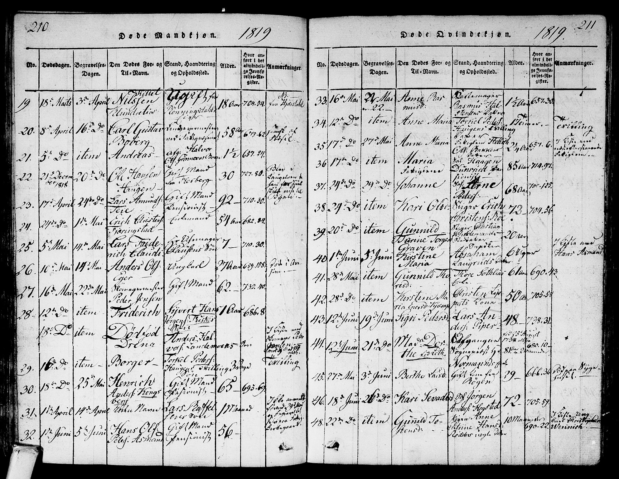 Kongsberg kirkebøker, AV/SAKO-A-22/G/Ga/L0001: Parish register (copy) no. 1, 1816-1839, p. 210-211