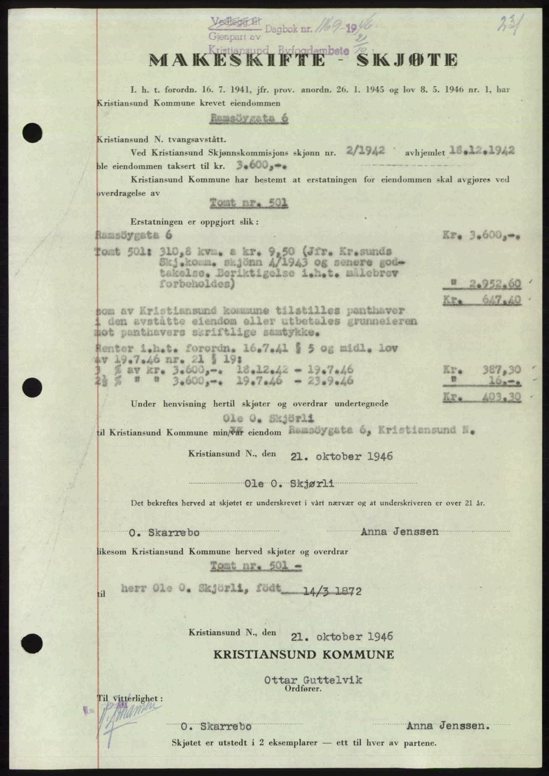 Kristiansund byfogd, AV/SAT-A-4587/A/27: Mortgage book no. 39b, 1946-1947, Diary no: : 1169/1946