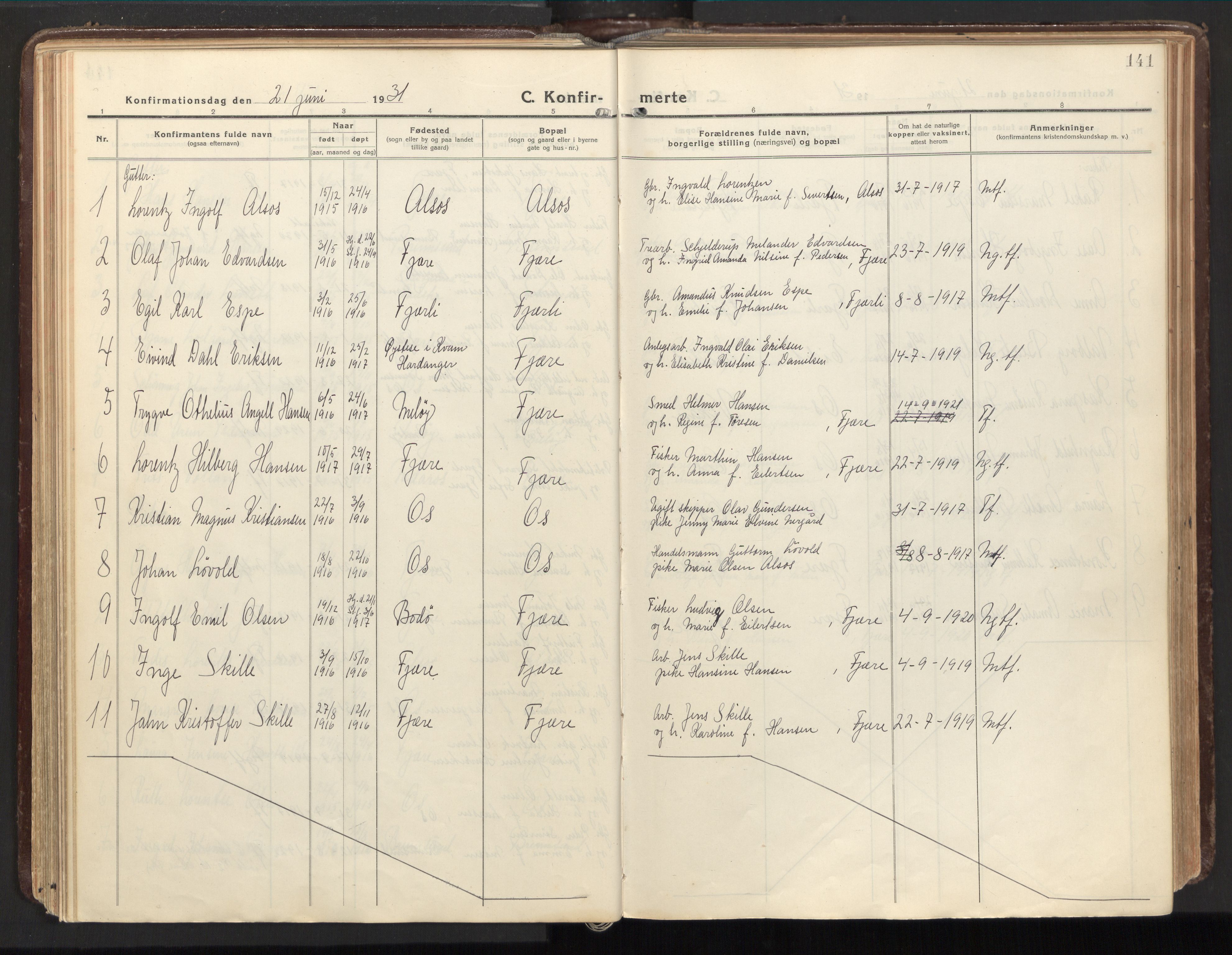 Ministerialprotokoller, klokkerbøker og fødselsregistre - Nordland, AV/SAT-A-1459/803/L0073: Parish register (official) no. 803A03, 1920-1955, p. 141