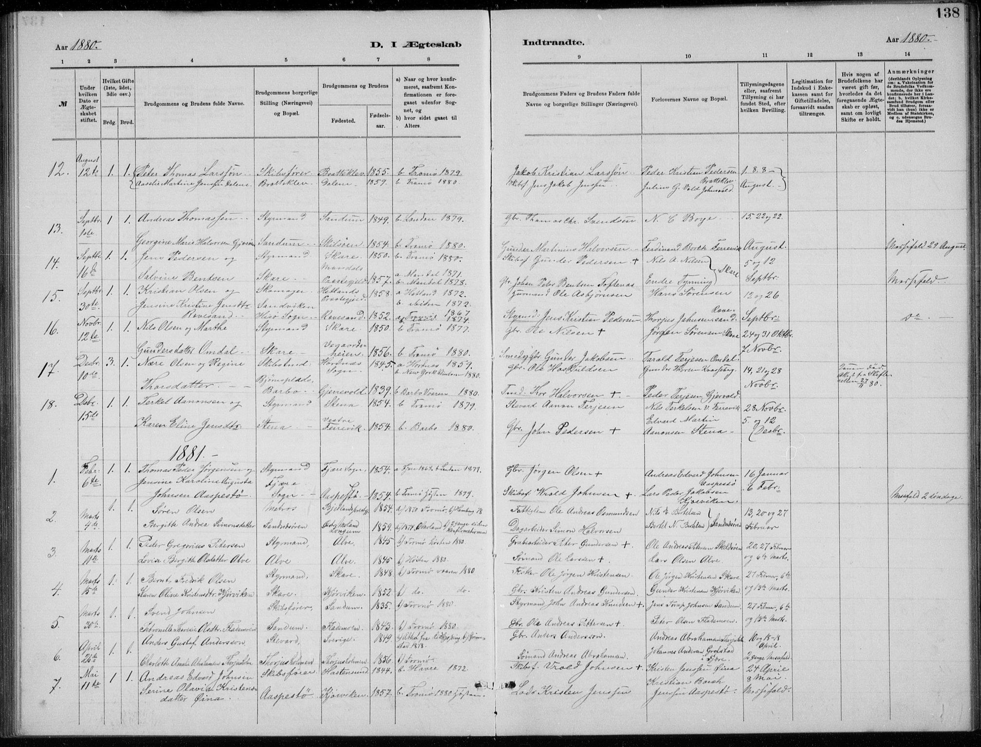 Tromøy sokneprestkontor, SAK/1111-0041/F/Fb/L0005: Parish register (copy) no. B 5, 1877-1891, p. 138
