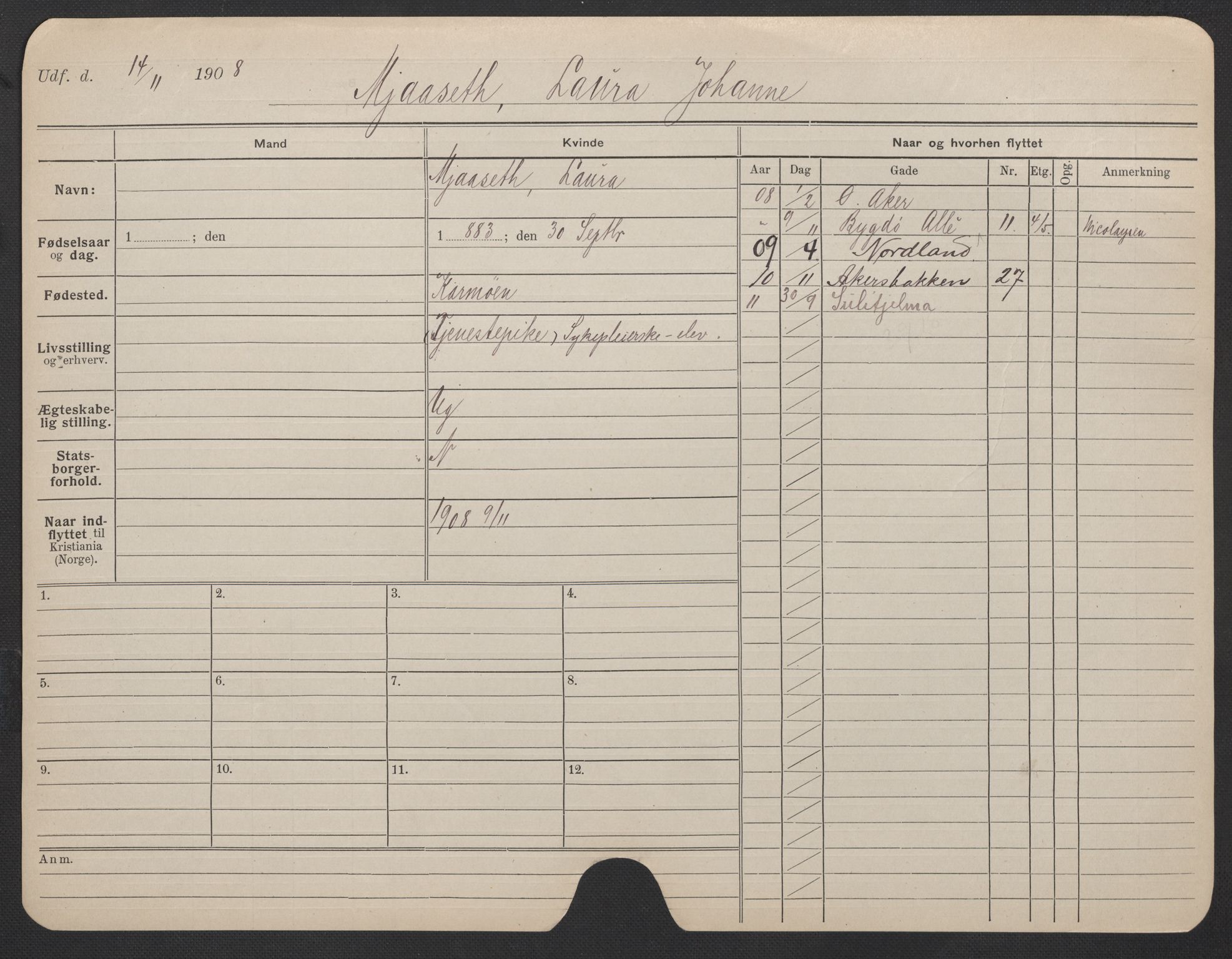 Oslo folkeregister, Registerkort, AV/SAO-A-11715/F/Fa/Fac/L0020: Kvinner, 1906-1914, p. 900a