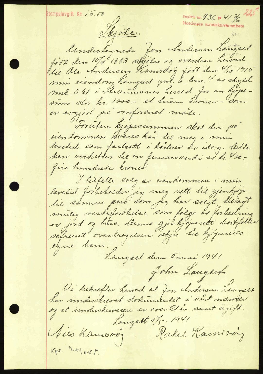Nordmøre sorenskriveri, SAT/A-4132/1/2/2Ca: Mortgage book no. A90, 1941-1941, Diary no: : 936/1941