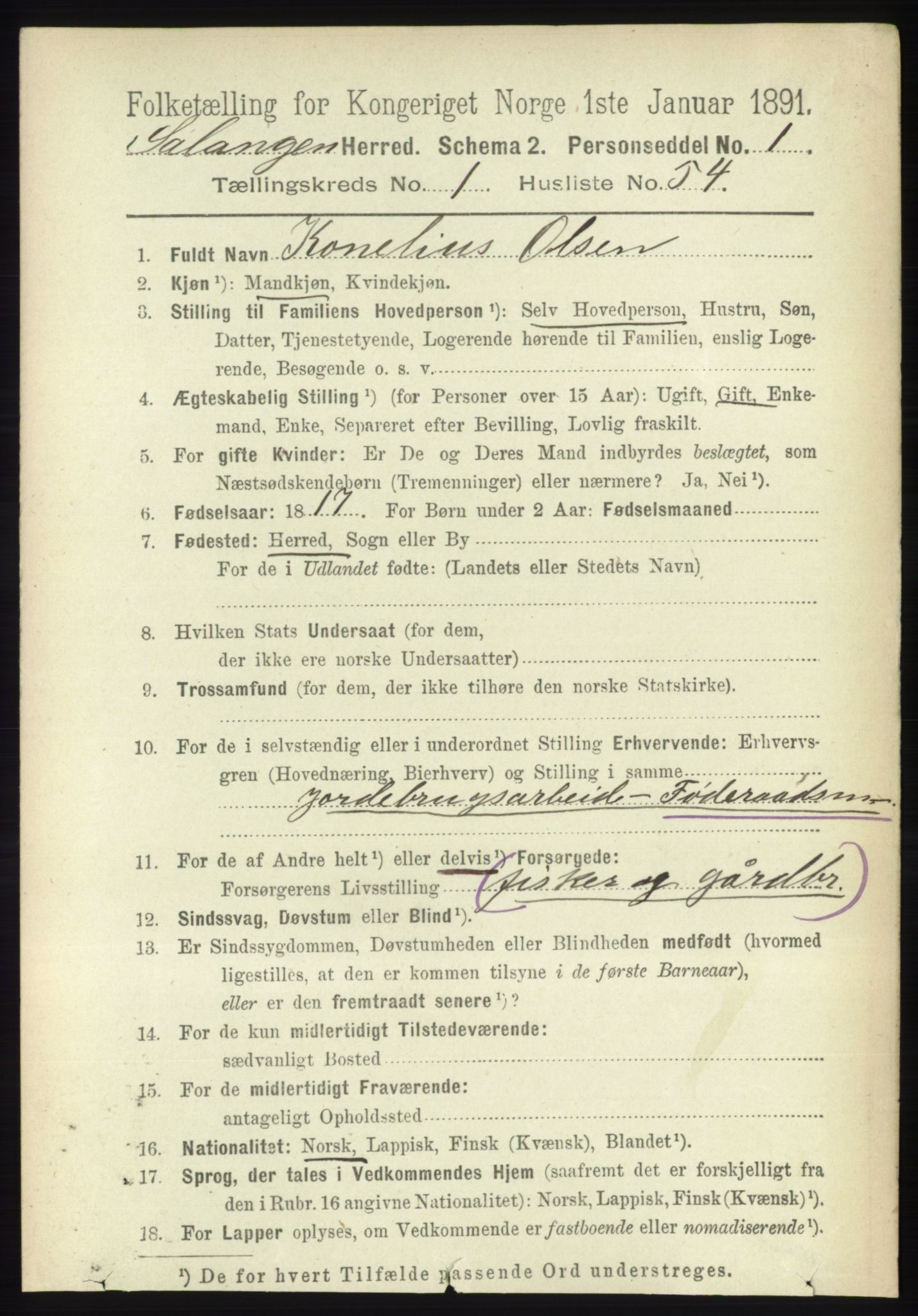 RA, 1891 census for 1921 Salangen, 1891, p. 459