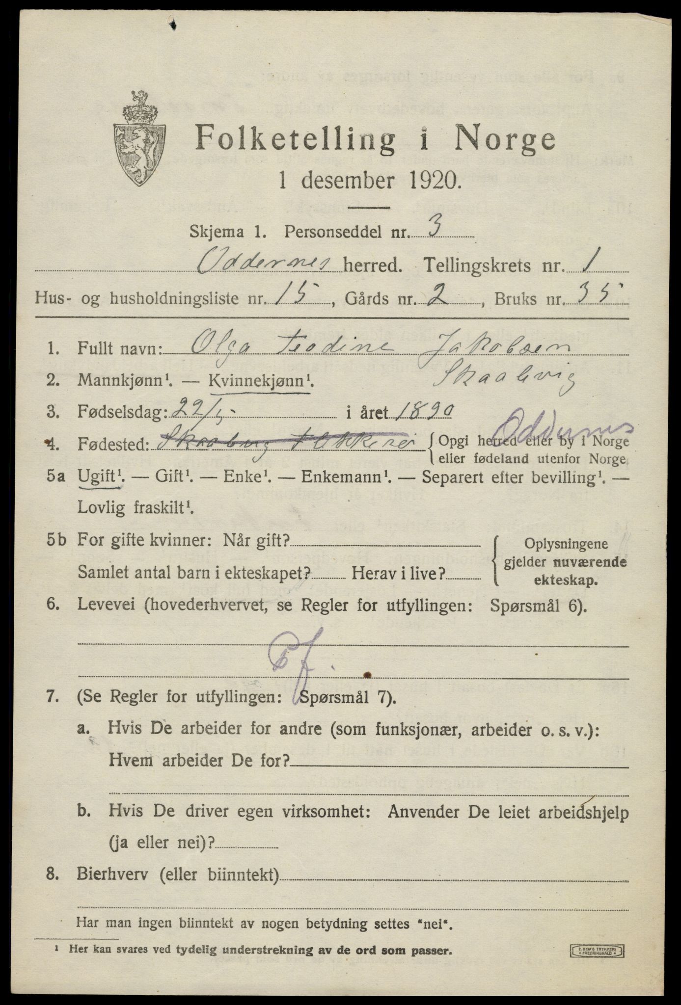 SAK, 1920 census for Oddernes, 1920, p. 2193