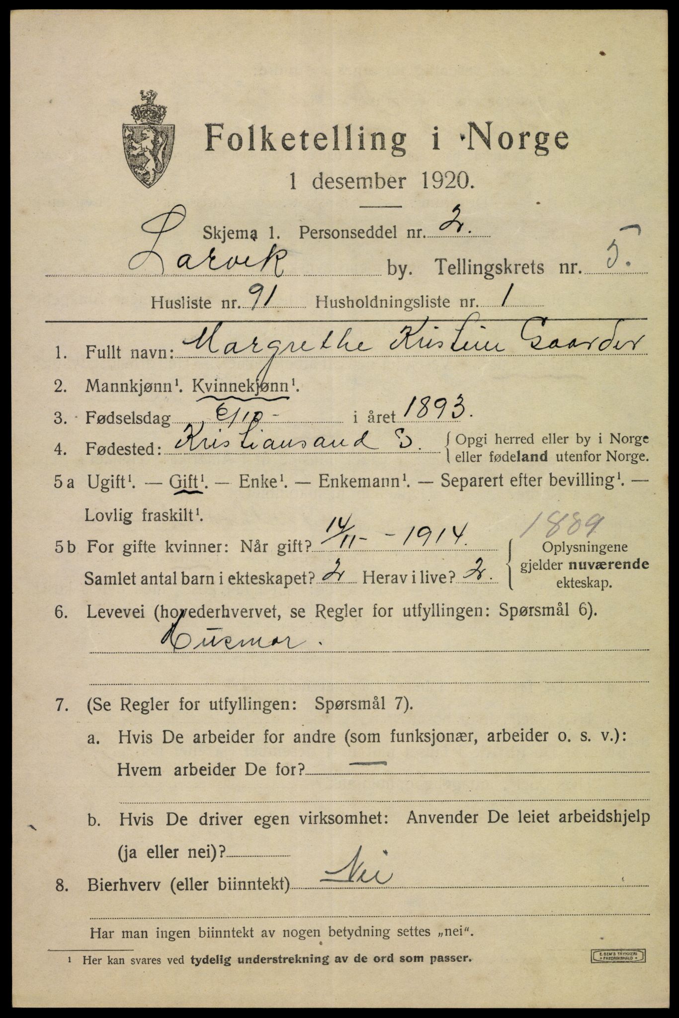 SAKO, 1920 census for Larvik, 1920, p. 17678