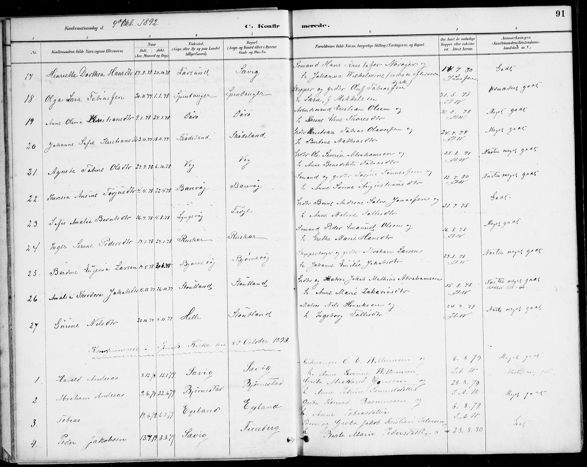 Herad sokneprestkontor, AV/SAK-1111-0018/F/Fa/Fab/L0005: Parish register (official) no. A 5, 1886-1913, p. 91