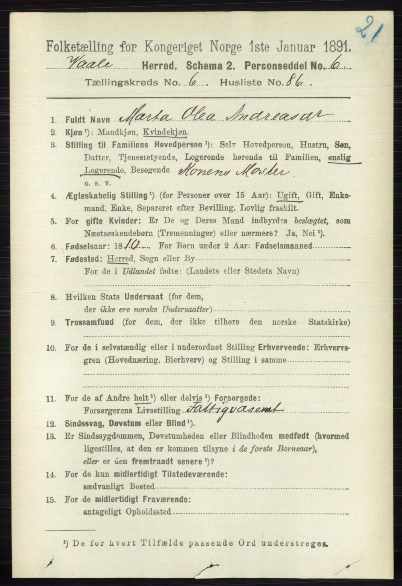 RA, 1891 census for 0716 Våle, 1891, p. 2296