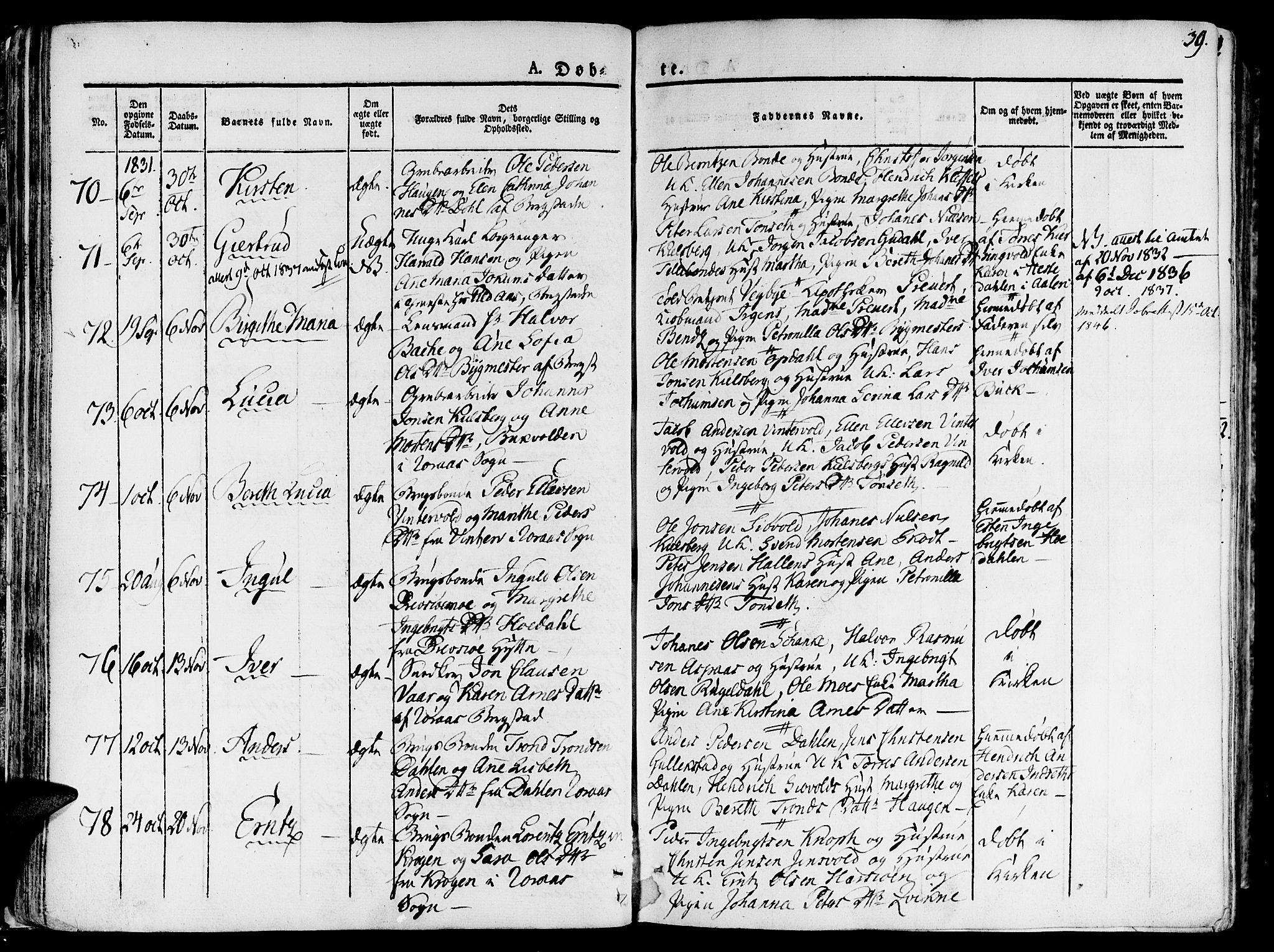 Ministerialprotokoller, klokkerbøker og fødselsregistre - Sør-Trøndelag, SAT/A-1456/681/L0930: Parish register (official) no. 681A08, 1829-1844, p. 39