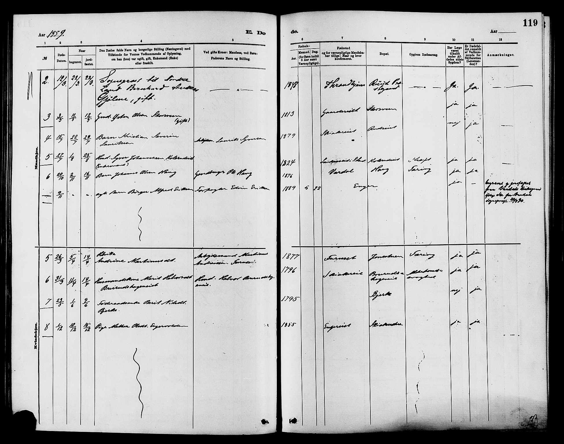 Nordre Land prestekontor, SAH/PREST-124/H/Ha/Haa/L0003: Parish register (official) no. 3, 1882-1896, p. 119
