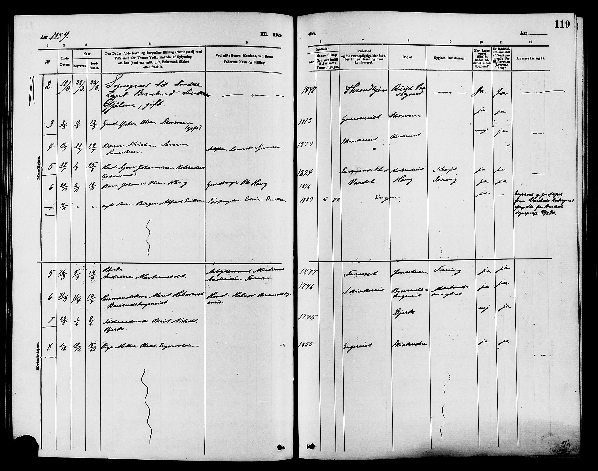 Nordre Land prestekontor, AV/SAH-PREST-124/H/Ha/Haa/L0003: Parish register (official) no. 3, 1882-1896, p. 119