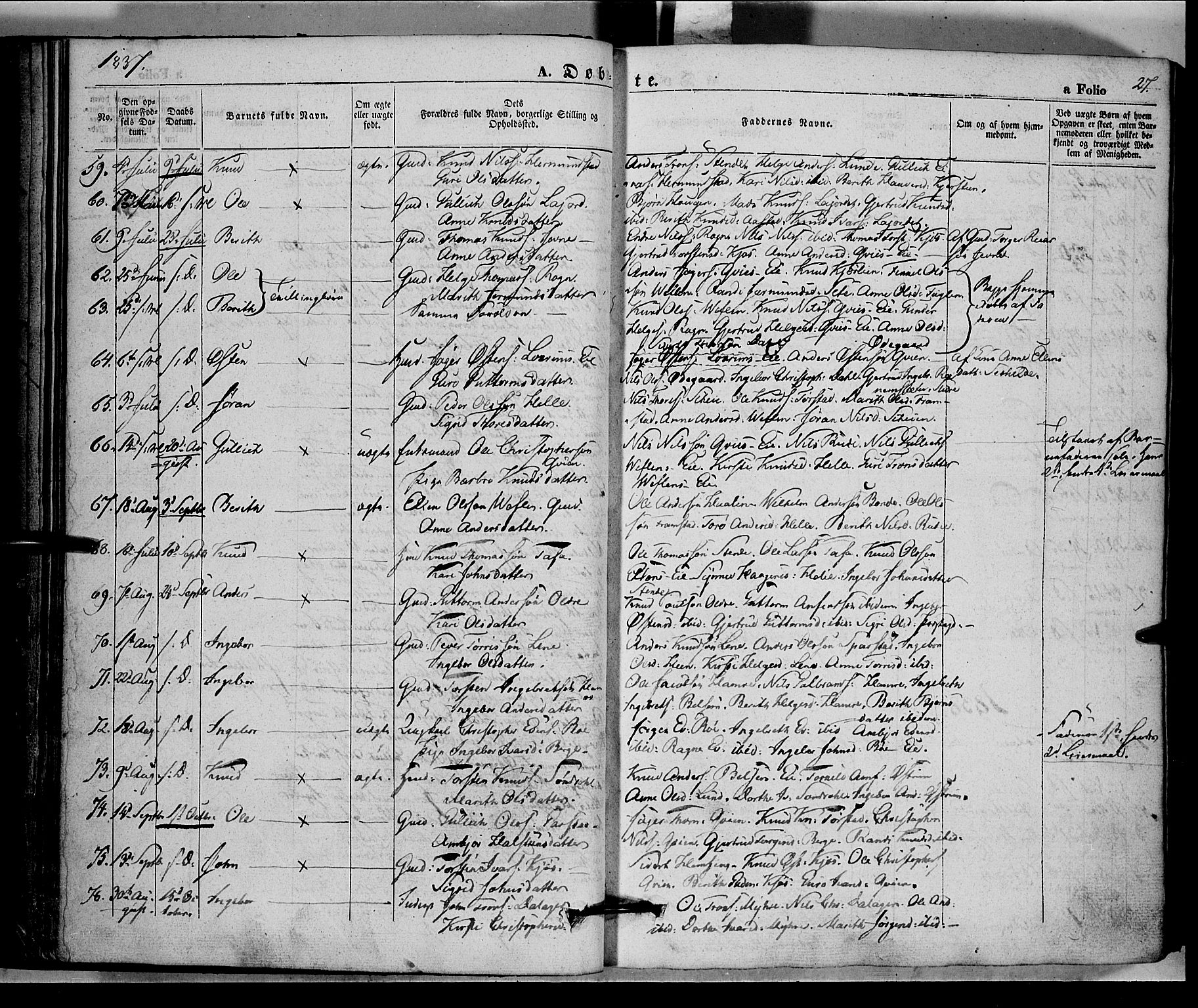 Vang prestekontor, Valdres, SAH/PREST-140/H/Ha/L0005: Parish register (official) no. 5, 1831-1845, p. 27