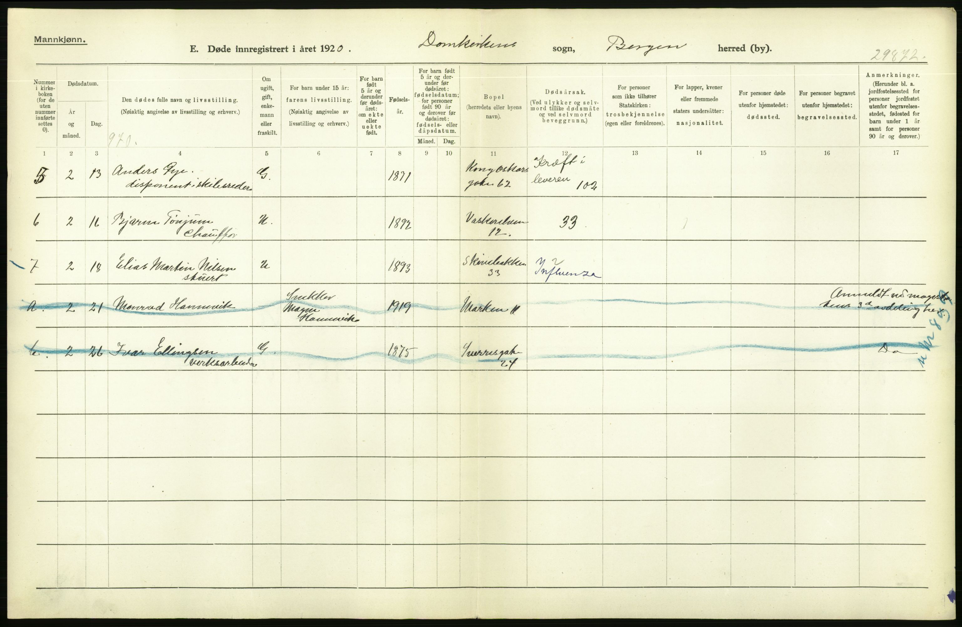 Statistisk sentralbyrå, Sosiodemografiske emner, Befolkning, AV/RA-S-2228/D/Df/Dfb/Dfbj/L0042: Bergen: Gifte, døde, dødfødte., 1920, p. 662