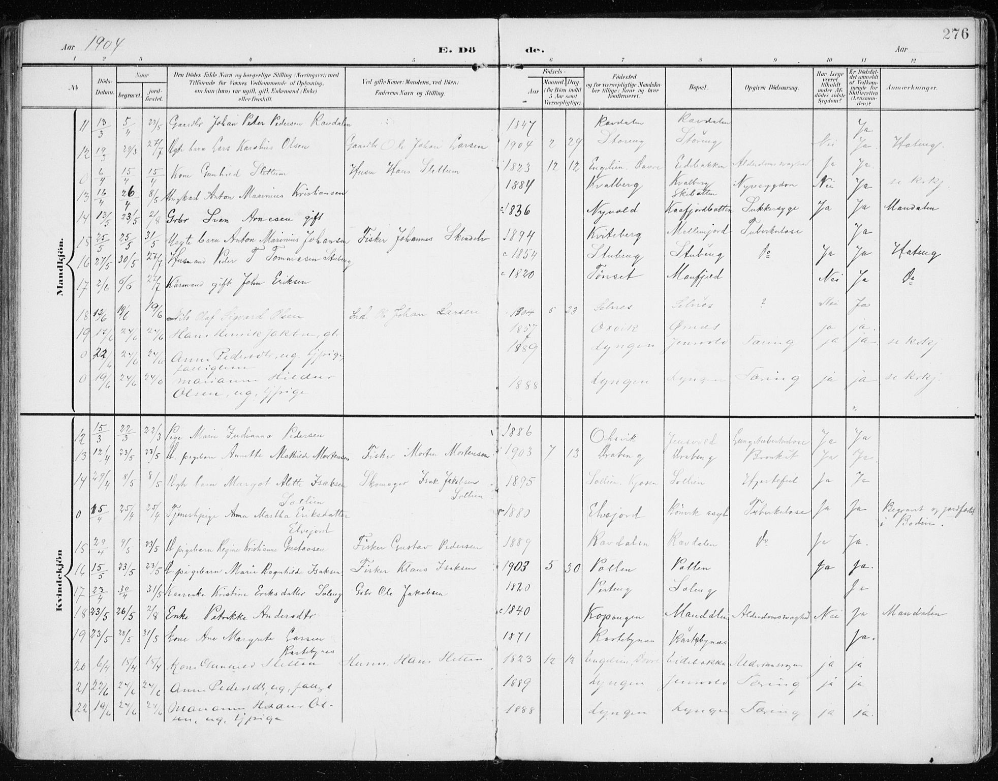 Lyngen sokneprestembete, AV/SATØ-S-1289/H/He/Hea/L0011kirke: Parish register (official) no. 11, 1903-1913, p. 276