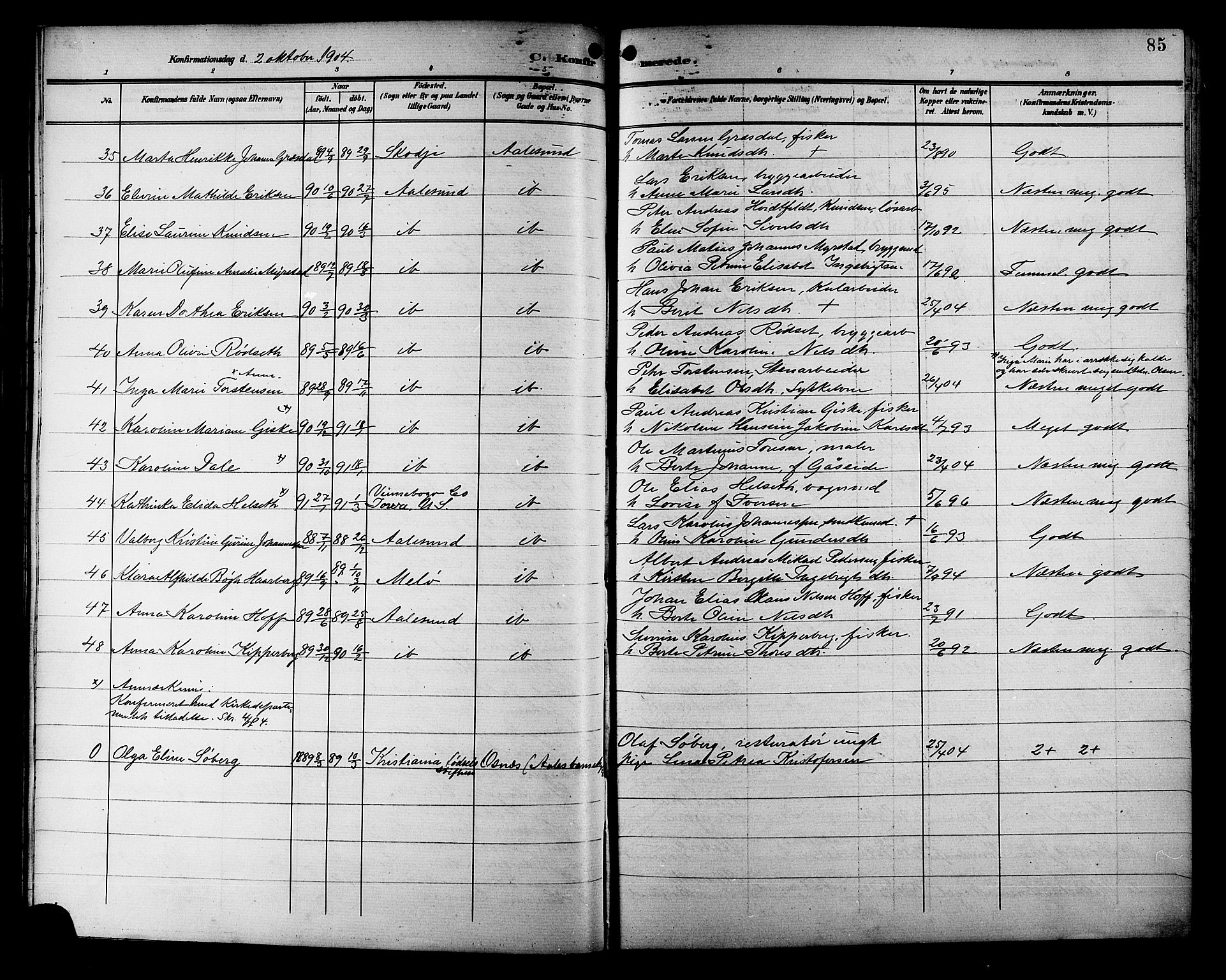 Ministerialprotokoller, klokkerbøker og fødselsregistre - Møre og Romsdal, AV/SAT-A-1454/529/L0469: Parish register (copy) no. 529C06, 1898-1906, p. 85