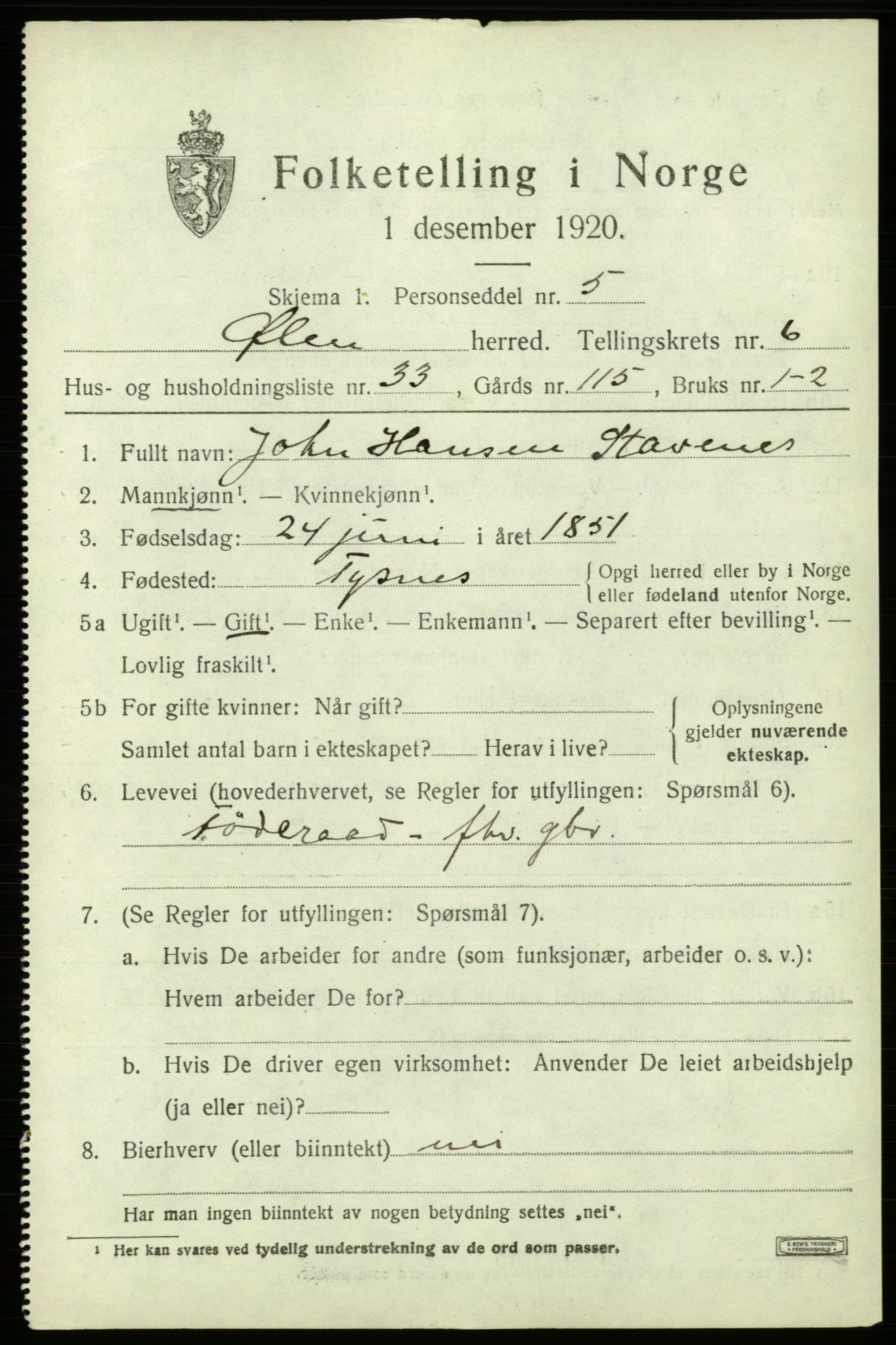 SAB, 1920 census for Ølen, 1920, p. 3153