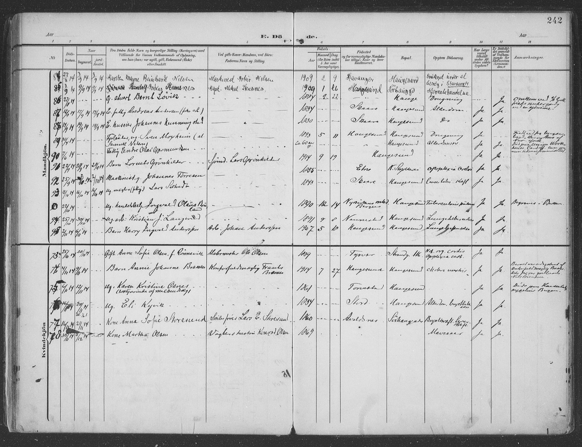 Haugesund sokneprestkontor, AV/SAST-A -101863/H/Ha/Haa/L0007: Parish register (official) no. A 7, 1904-1916, p. 242