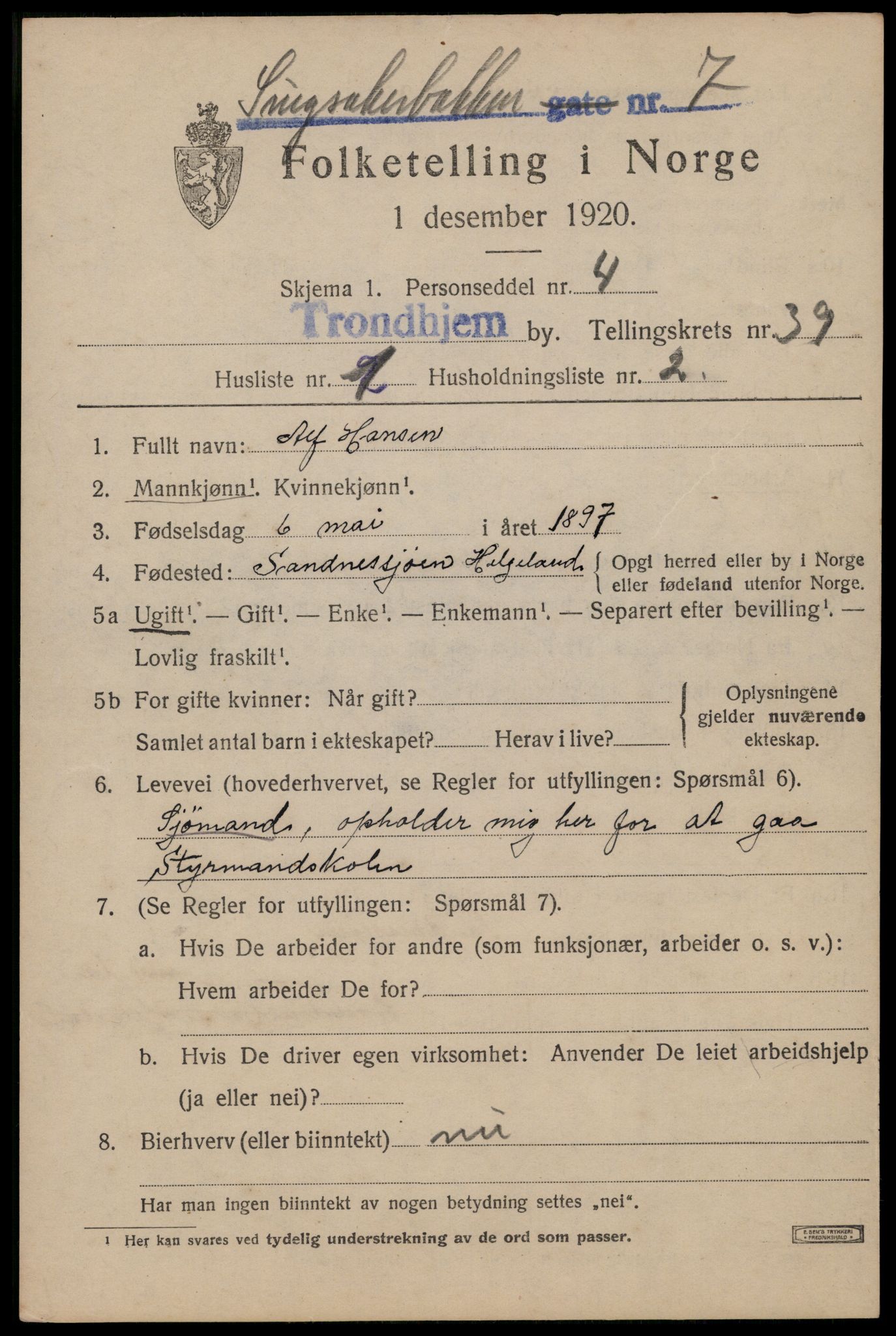 SAT, 1920 census for Trondheim, 1920, p. 87836