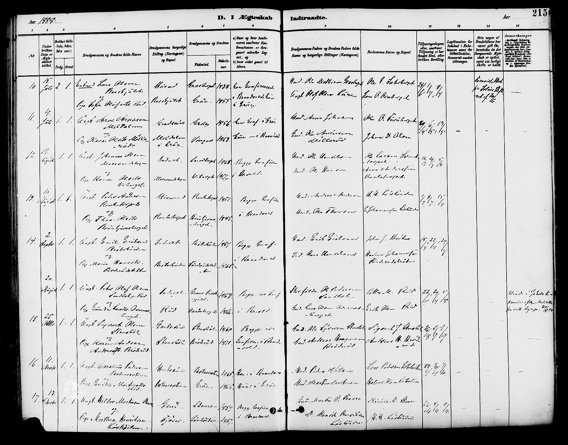 Brandval prestekontor, AV/SAH-PREST-034/H/Ha/Haa/L0002: Parish register (official) no. 2, 1880-1894, p. 215