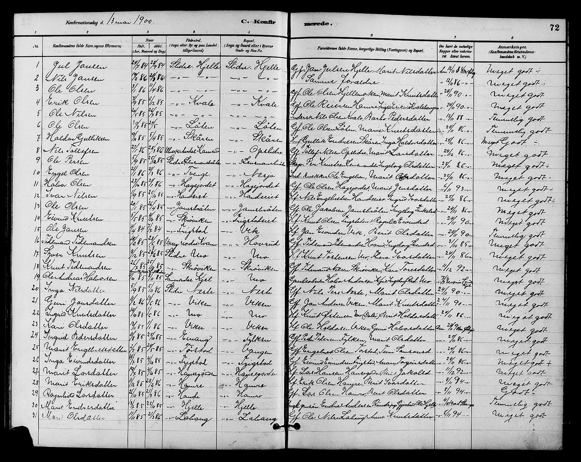 Vestre Slidre prestekontor, SAH/PREST-136/H/Ha/Hab/L0004: Parish register (copy) no. 4, 1881-1912, p. 72