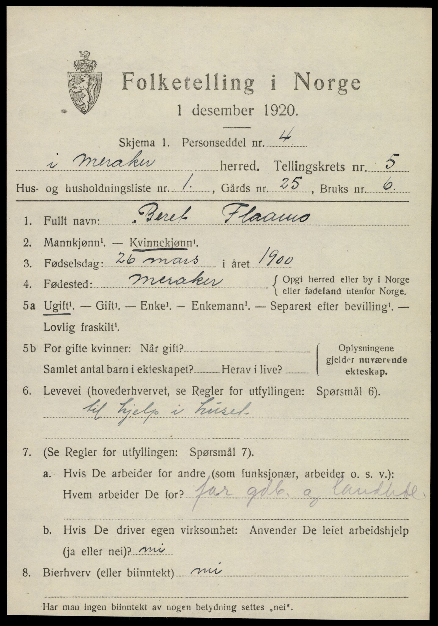 SAT, 1920 census for Meråker, 1920, p. 4040