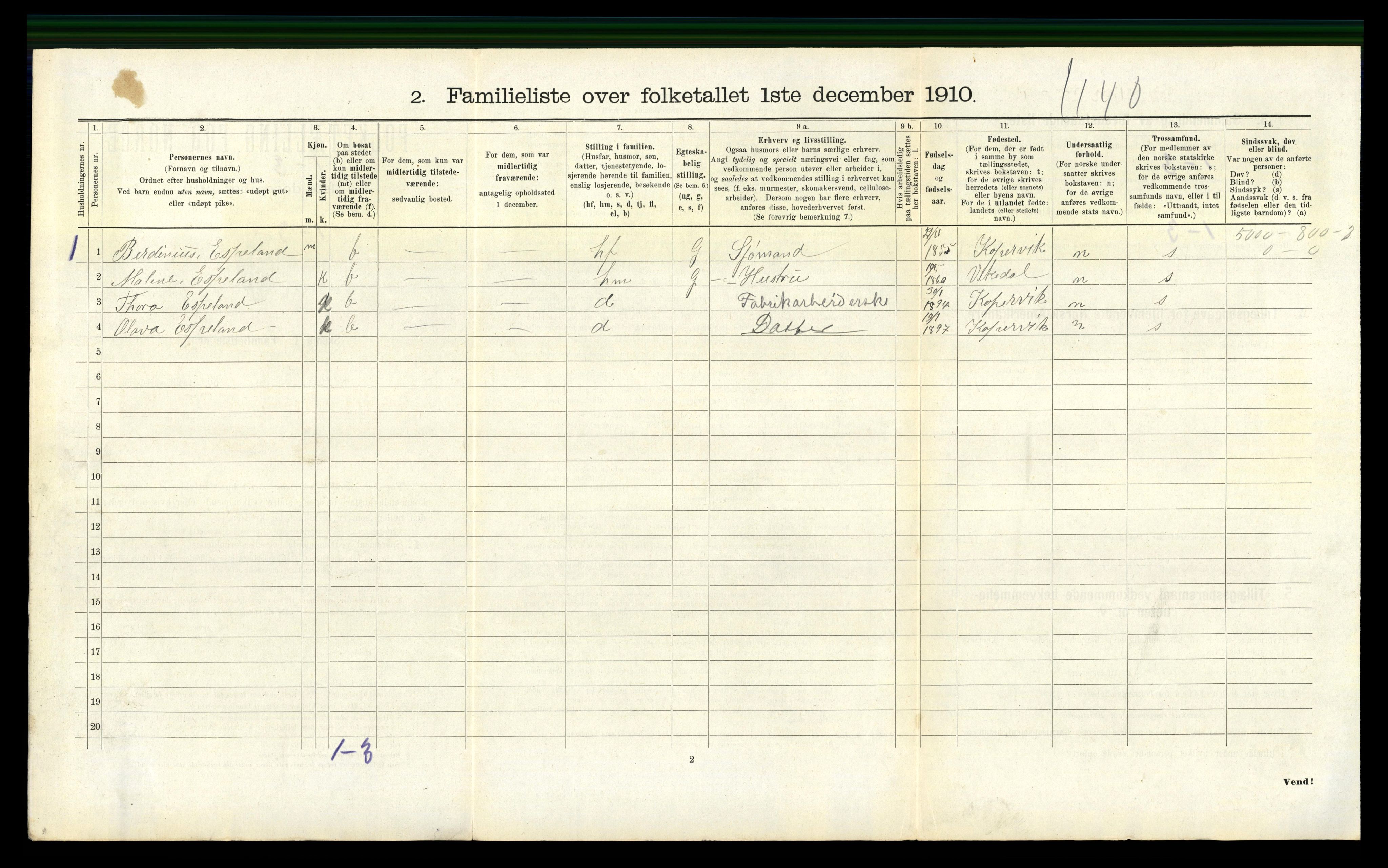 RA, 1910 census for Kopervik, 1910, p. 885