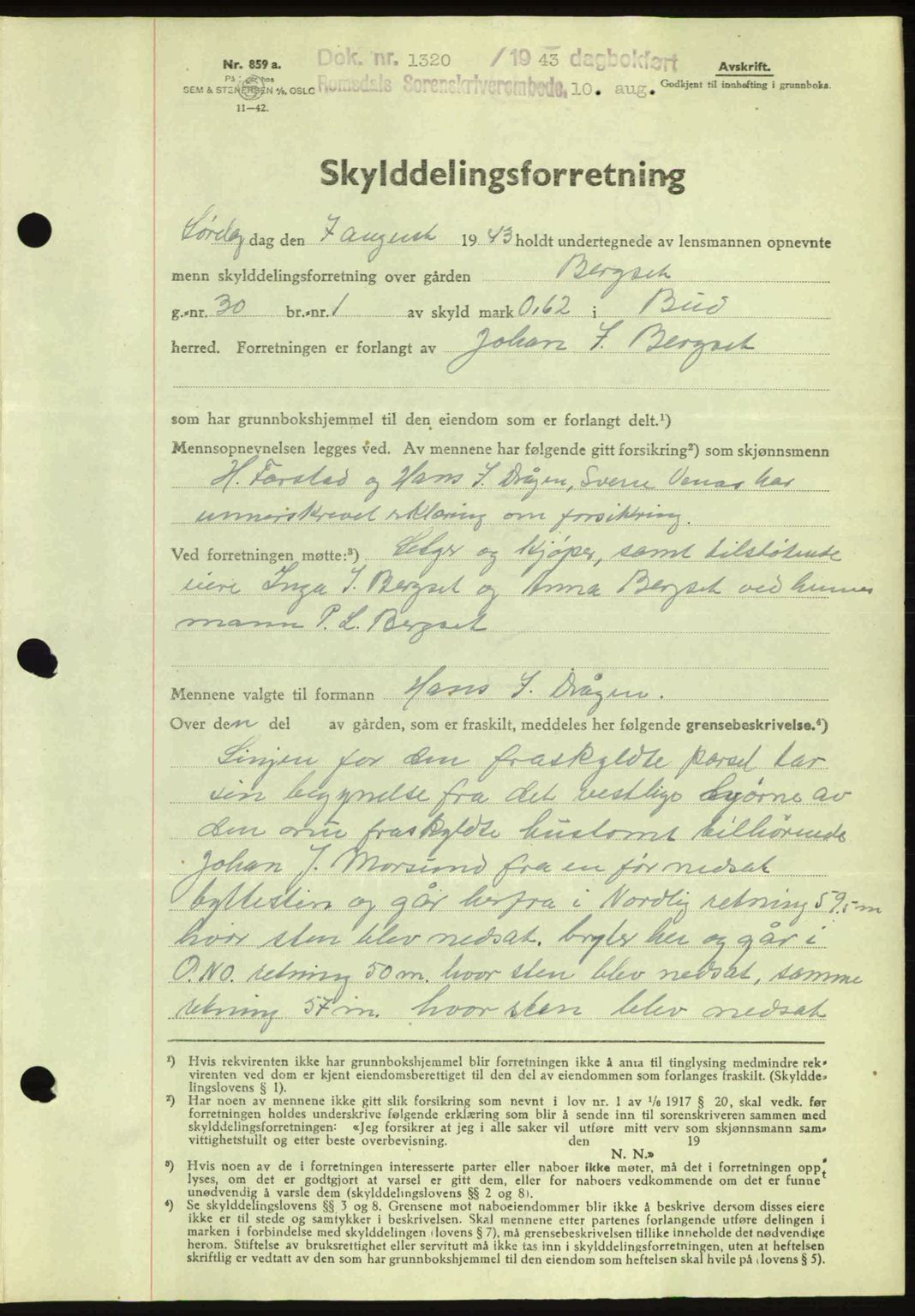 Romsdal sorenskriveri, AV/SAT-A-4149/1/2/2C: Mortgage book no. A14, 1943-1943, Diary no: : 1320/1943