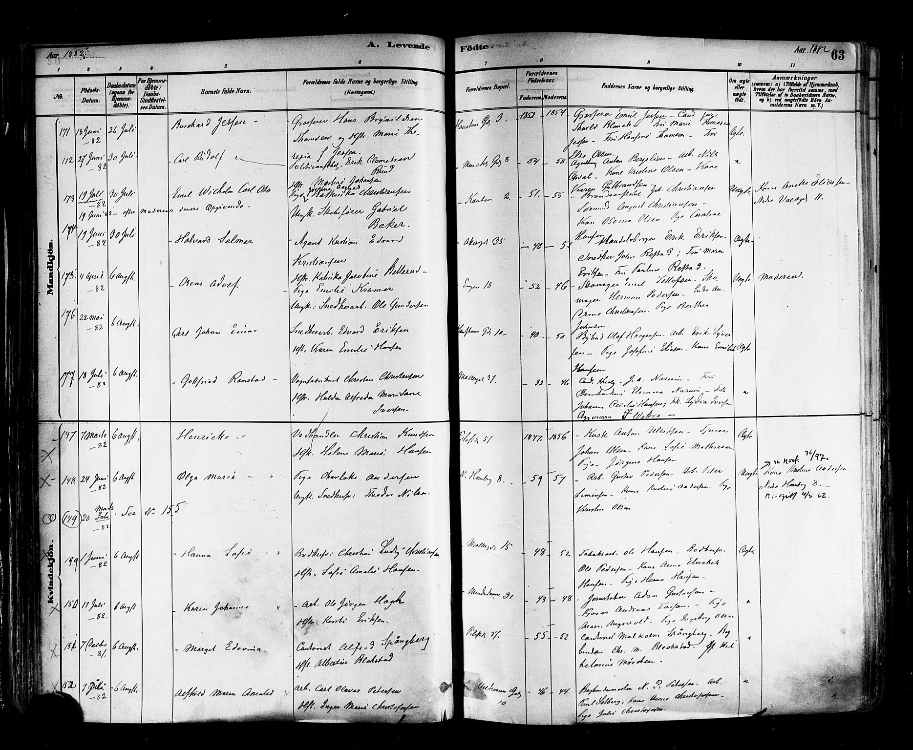 Trefoldighet prestekontor Kirkebøker, AV/SAO-A-10882/F/Fa/L0005: Parish register (official) no. I 5, 1881-1891, p. 63