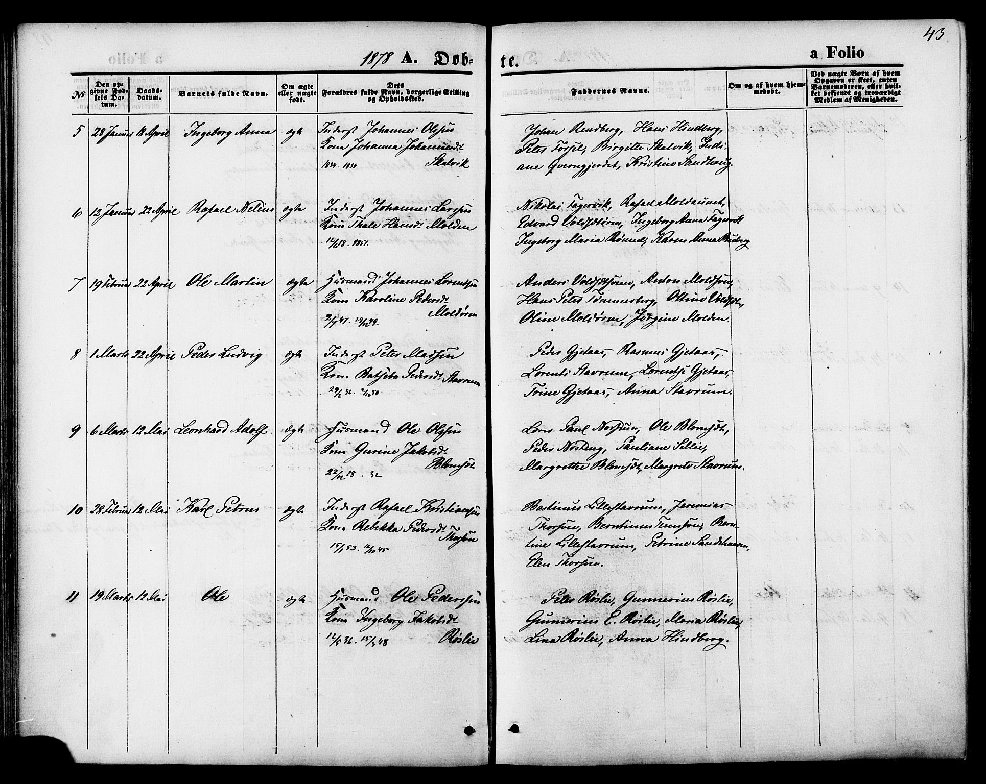Ministerialprotokoller, klokkerbøker og fødselsregistre - Nord-Trøndelag, SAT/A-1458/744/L0419: Parish register (official) no. 744A03, 1867-1881, p. 43