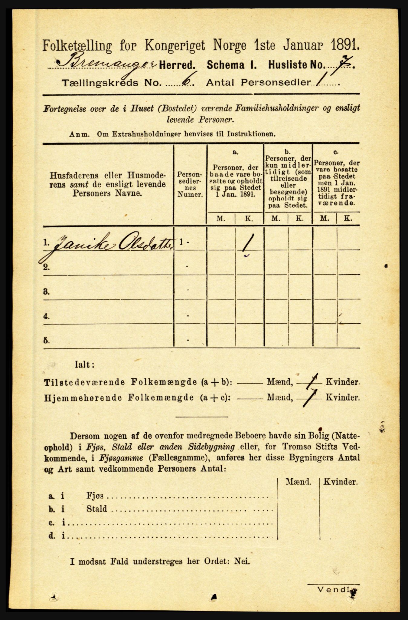 RA, 1891 census for 1438 Bremanger, 1891, p. 2333