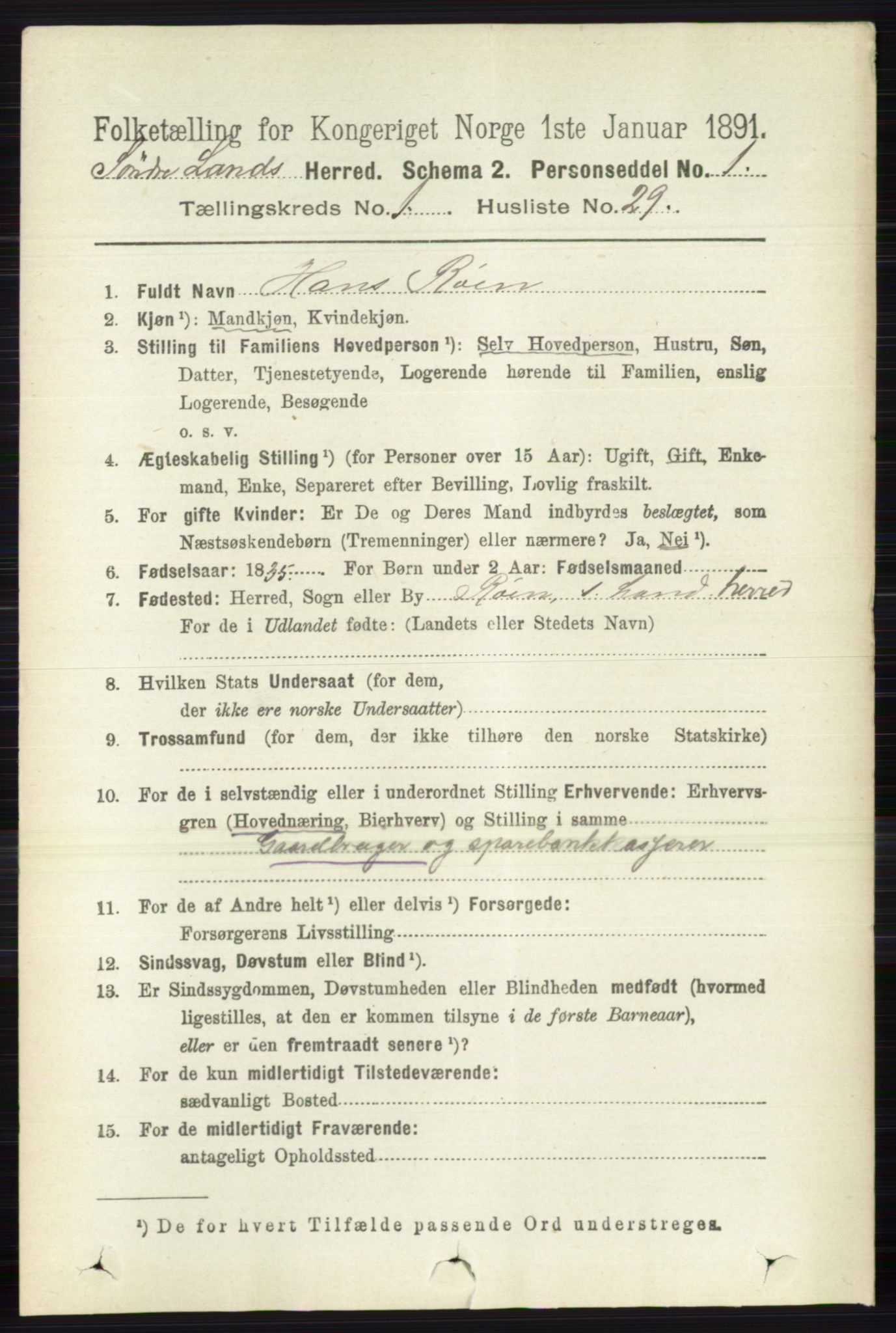 RA, 1891 census for 0536 Søndre Land, 1891, p. 324