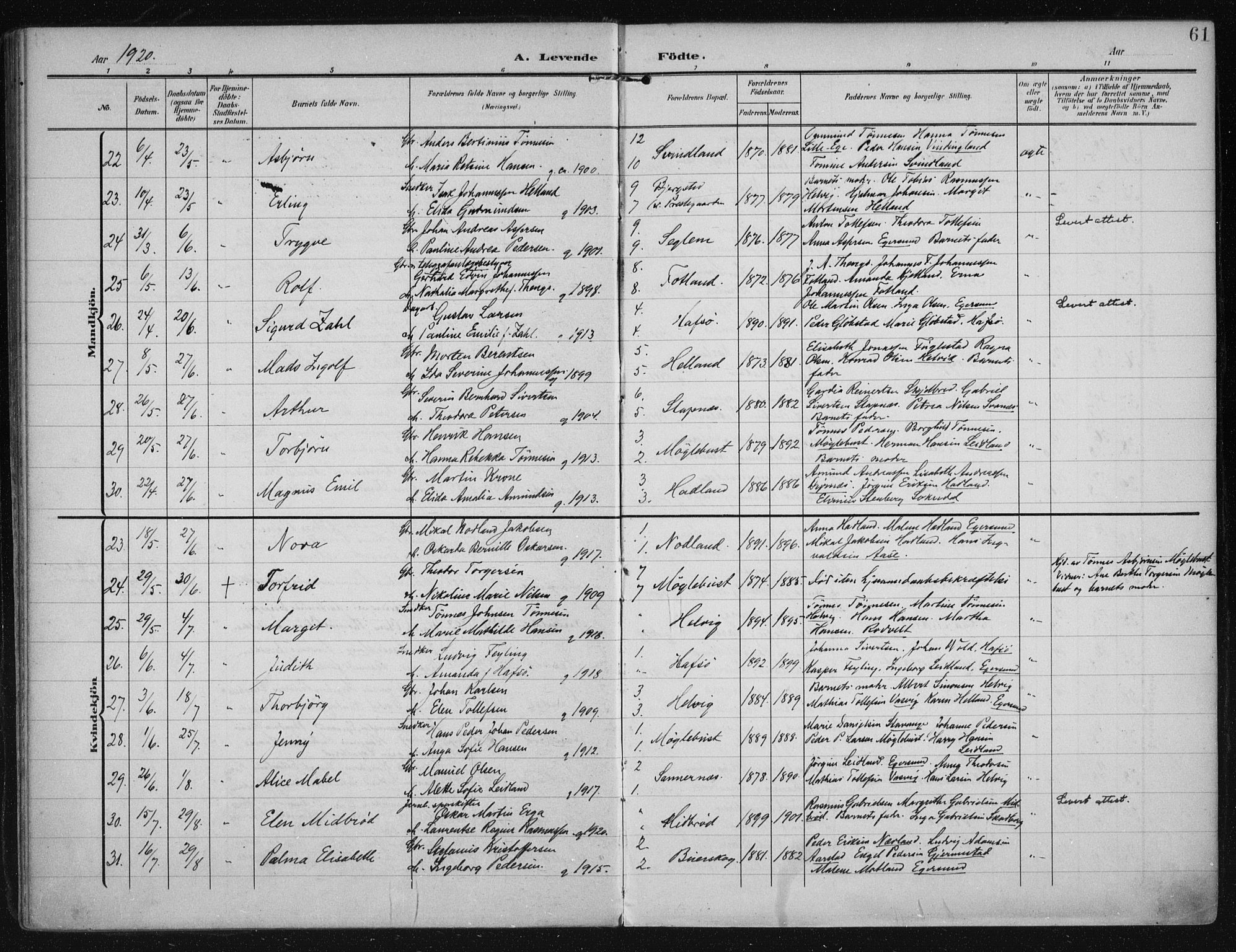 Eigersund sokneprestkontor, AV/SAST-A-101807/S08/L0021: Parish register (official) no. A 20, 1906-1928, p. 61