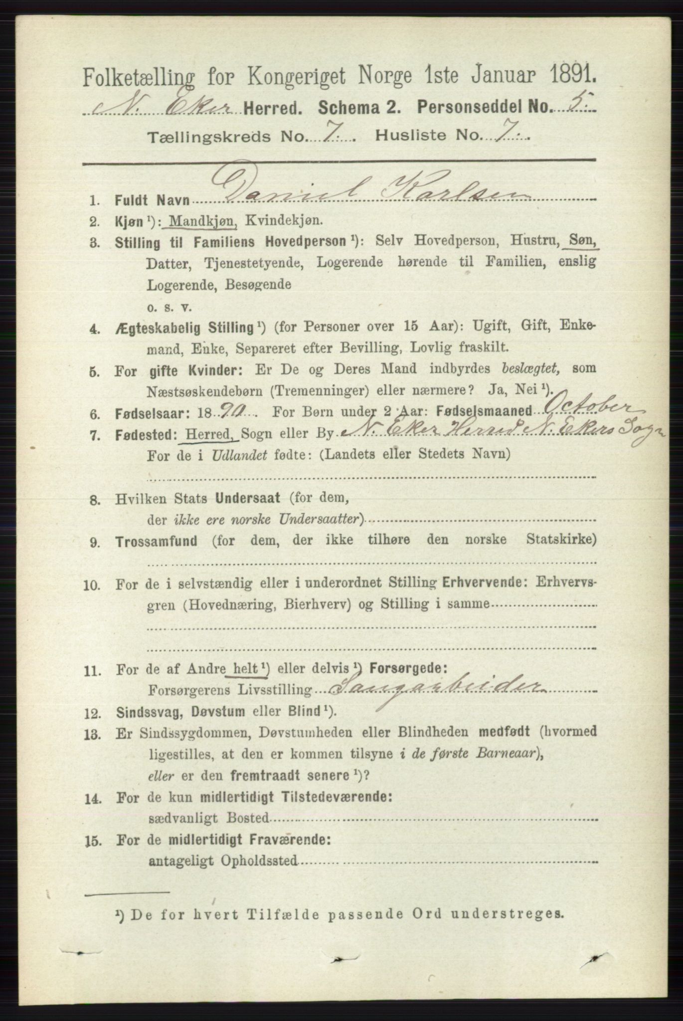 RA, 1891 census for 0625 Nedre Eiker, 1891, p. 3452