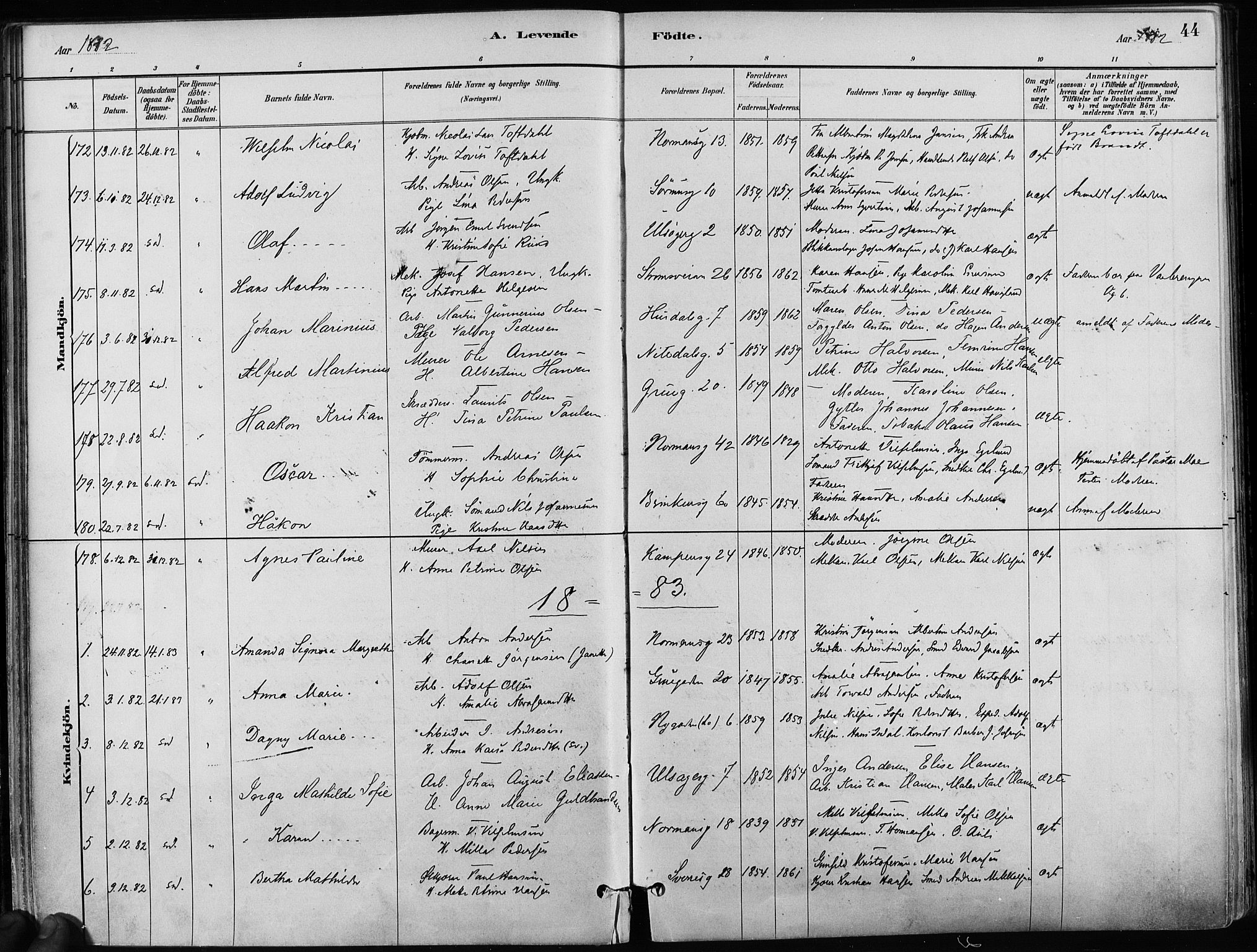 Kampen prestekontor Kirkebøker, SAO/A-10853/F/Fa/L0001: Parish register (official) no. I 1, 1880-1886, p. 44