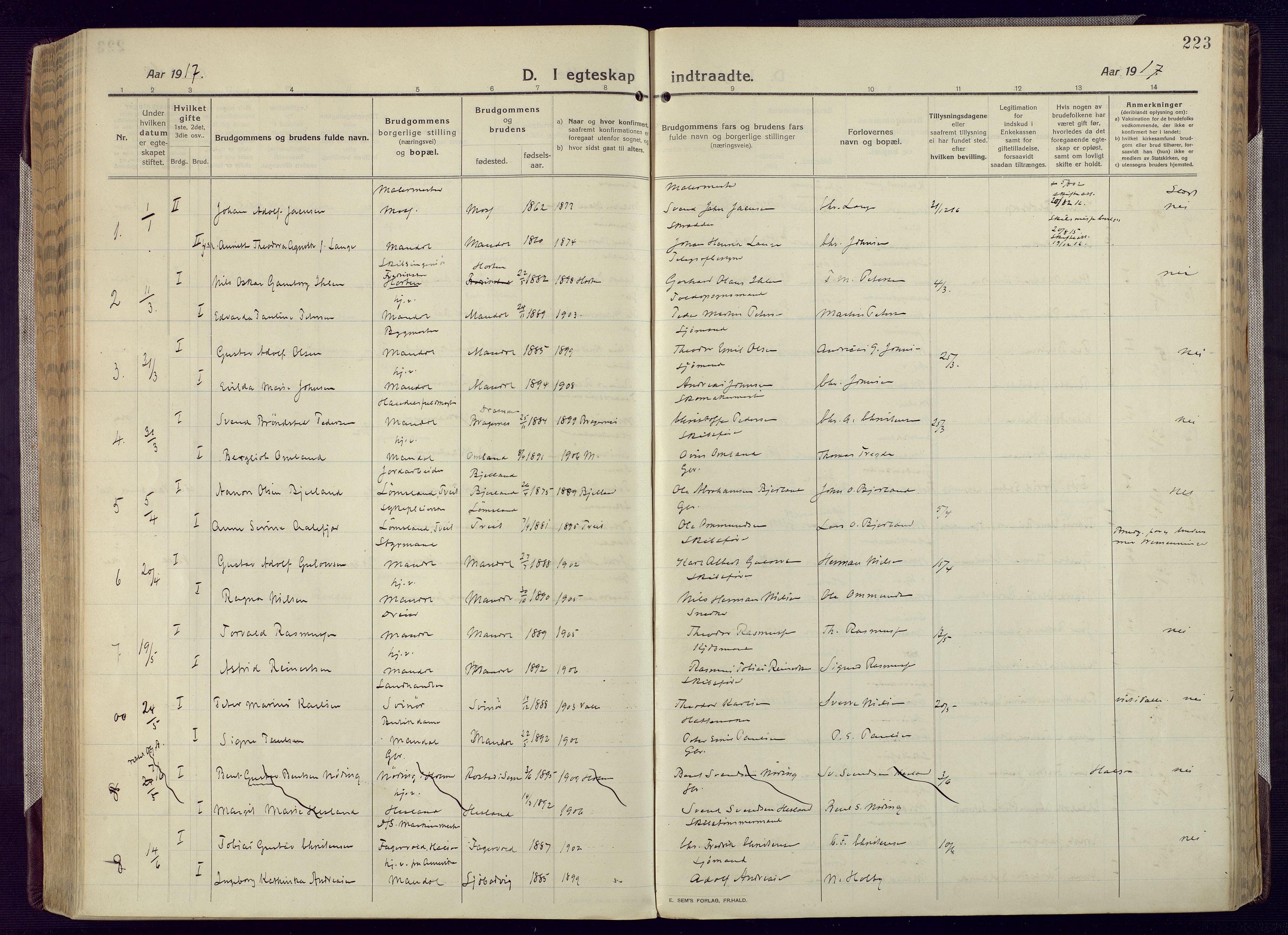 Mandal sokneprestkontor, SAK/1111-0030/F/Fa/Fac/L0001: Parish register (official) no. A 1, 1913-1925, p. 223