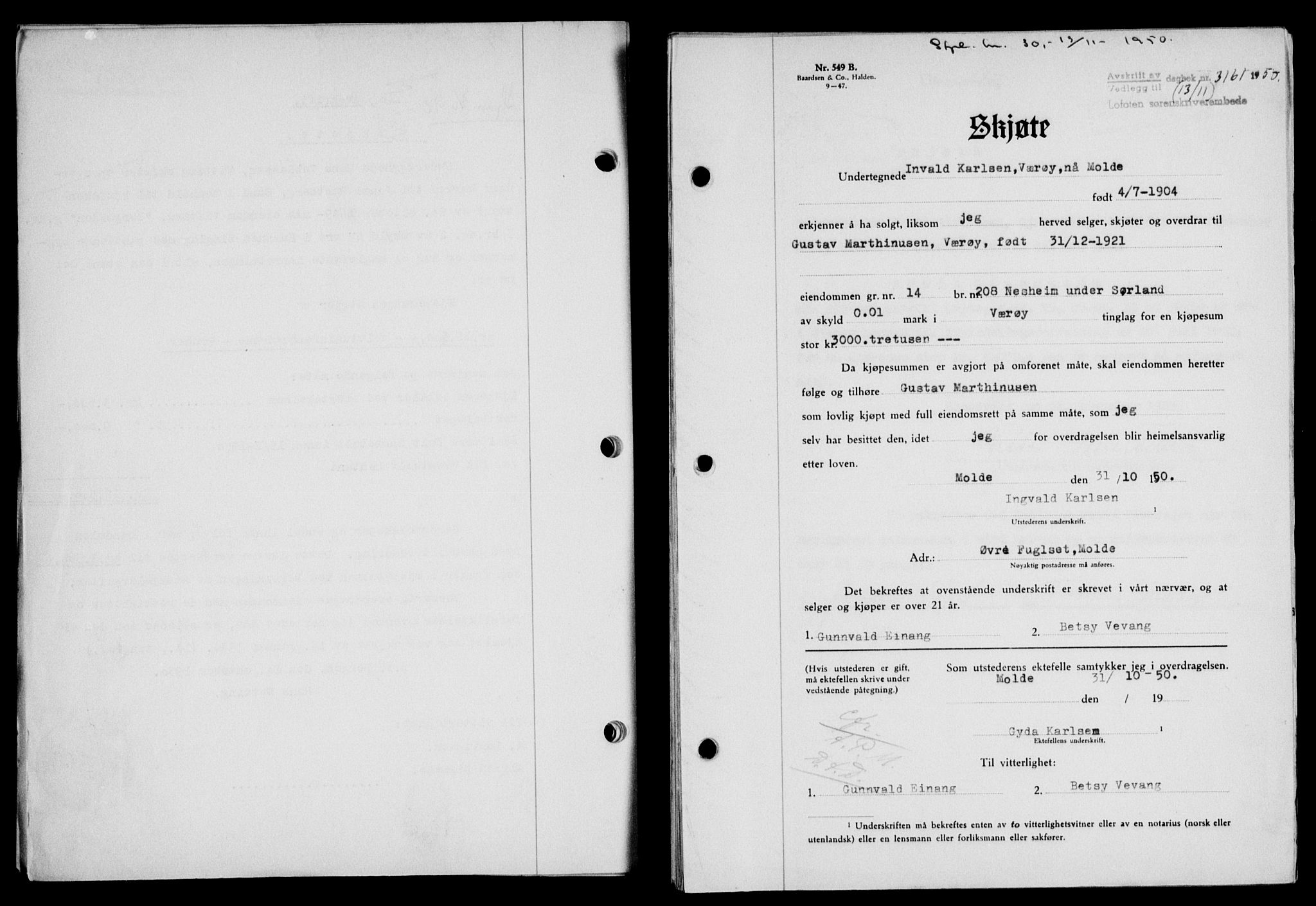 Lofoten sorenskriveri, SAT/A-0017/1/2/2C/L0025a: Mortgage book no. 25a, 1950-1951, Diary no: : 3161/1950