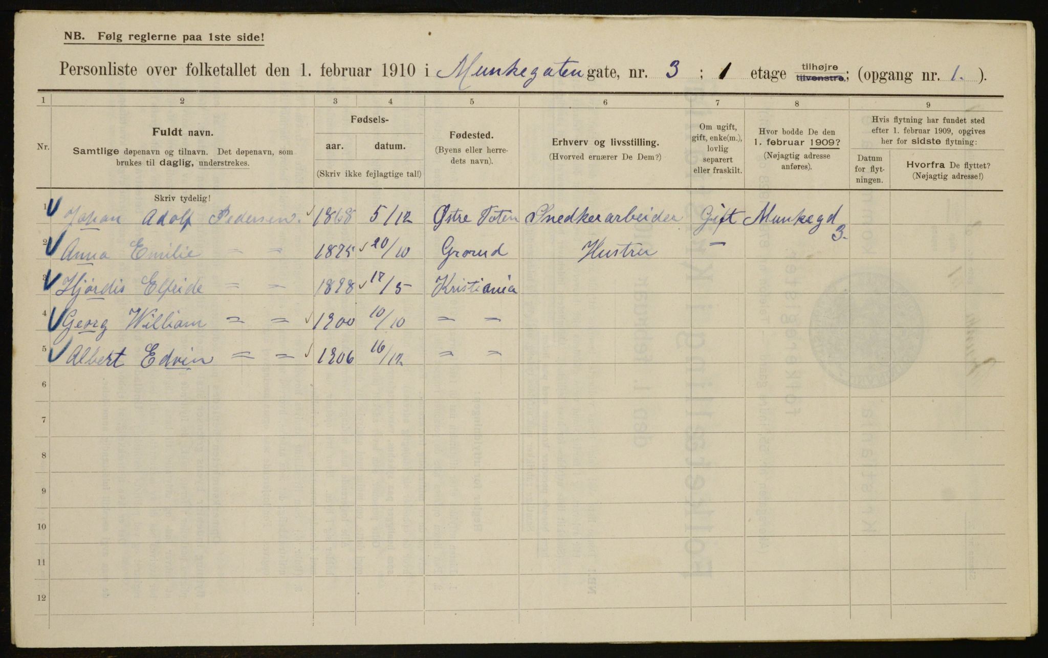 OBA, Municipal Census 1910 for Kristiania, 1910, p. 65644