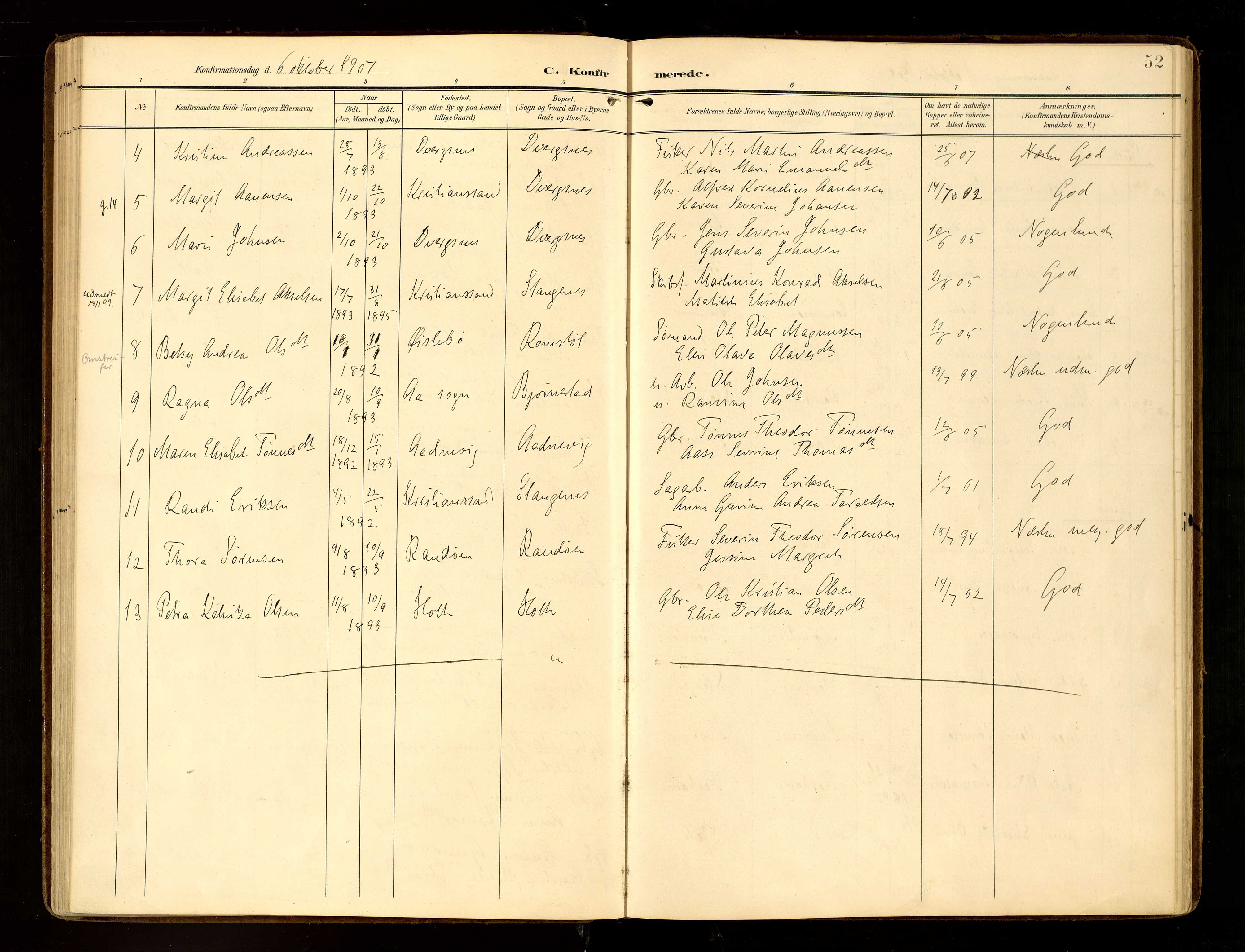 Oddernes sokneprestkontor, AV/SAK-1111-0033/F/Fa/Fab/L0003: Parish register (official) no. A 3, 1903-1916, p. 52