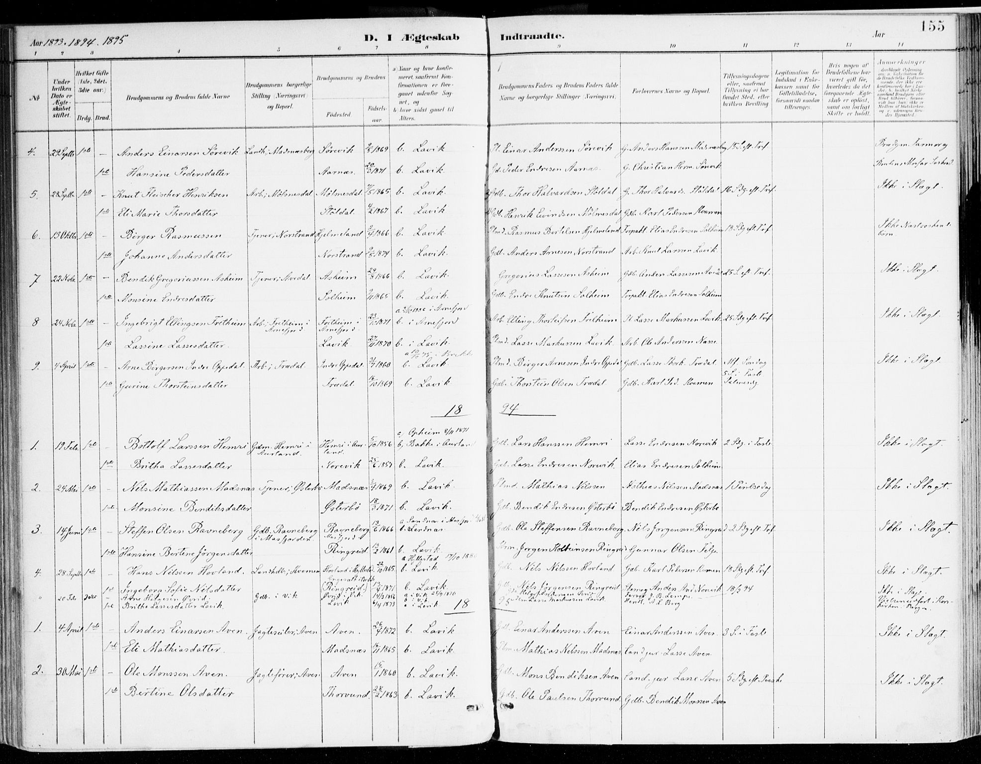 Lavik sokneprestembete, AV/SAB-A-80901: Parish register (official) no. B 1, 1882-1908, p. 155