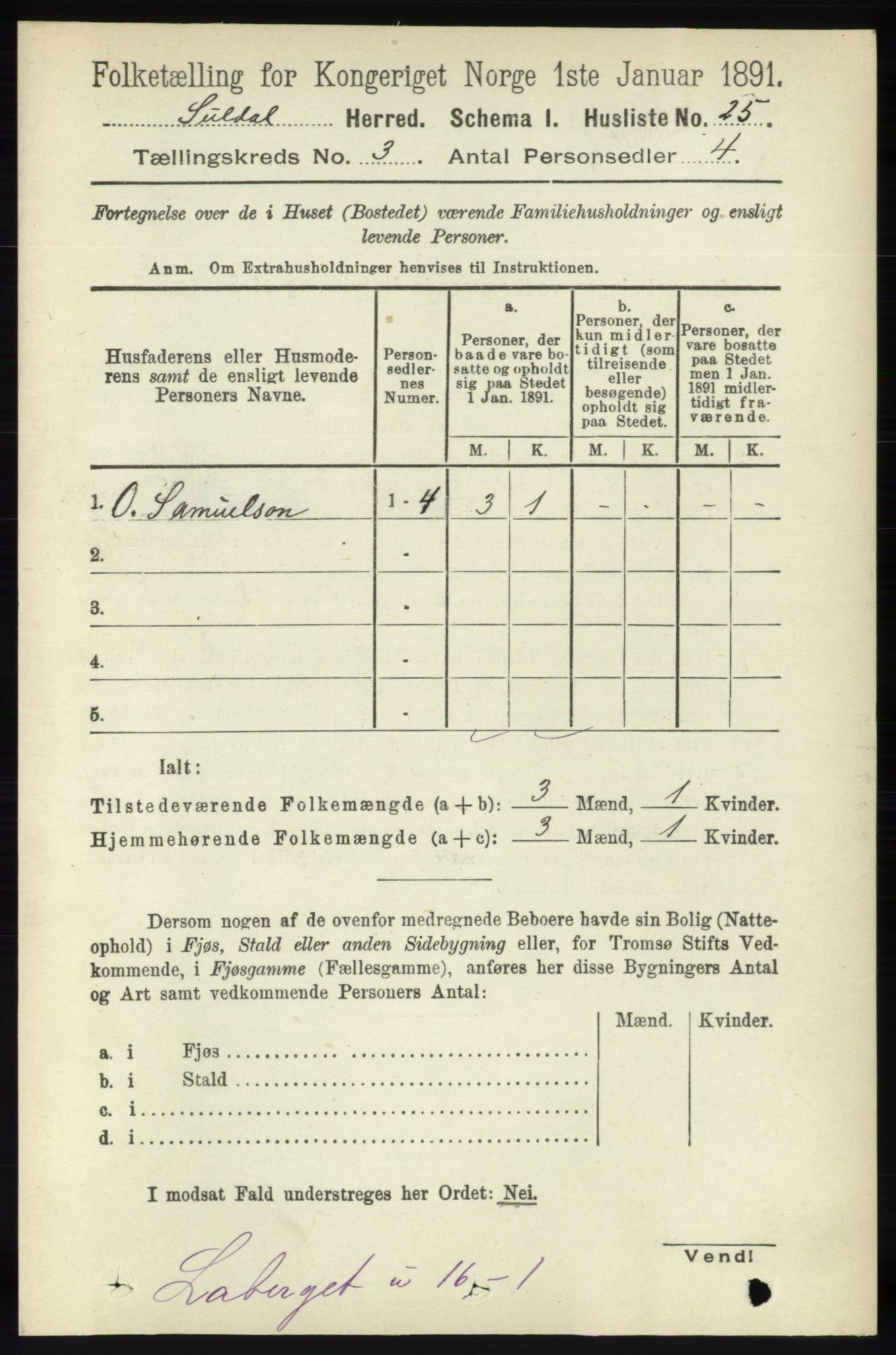 RA, 1891 census for 1134 Suldal, 1891, p. 608