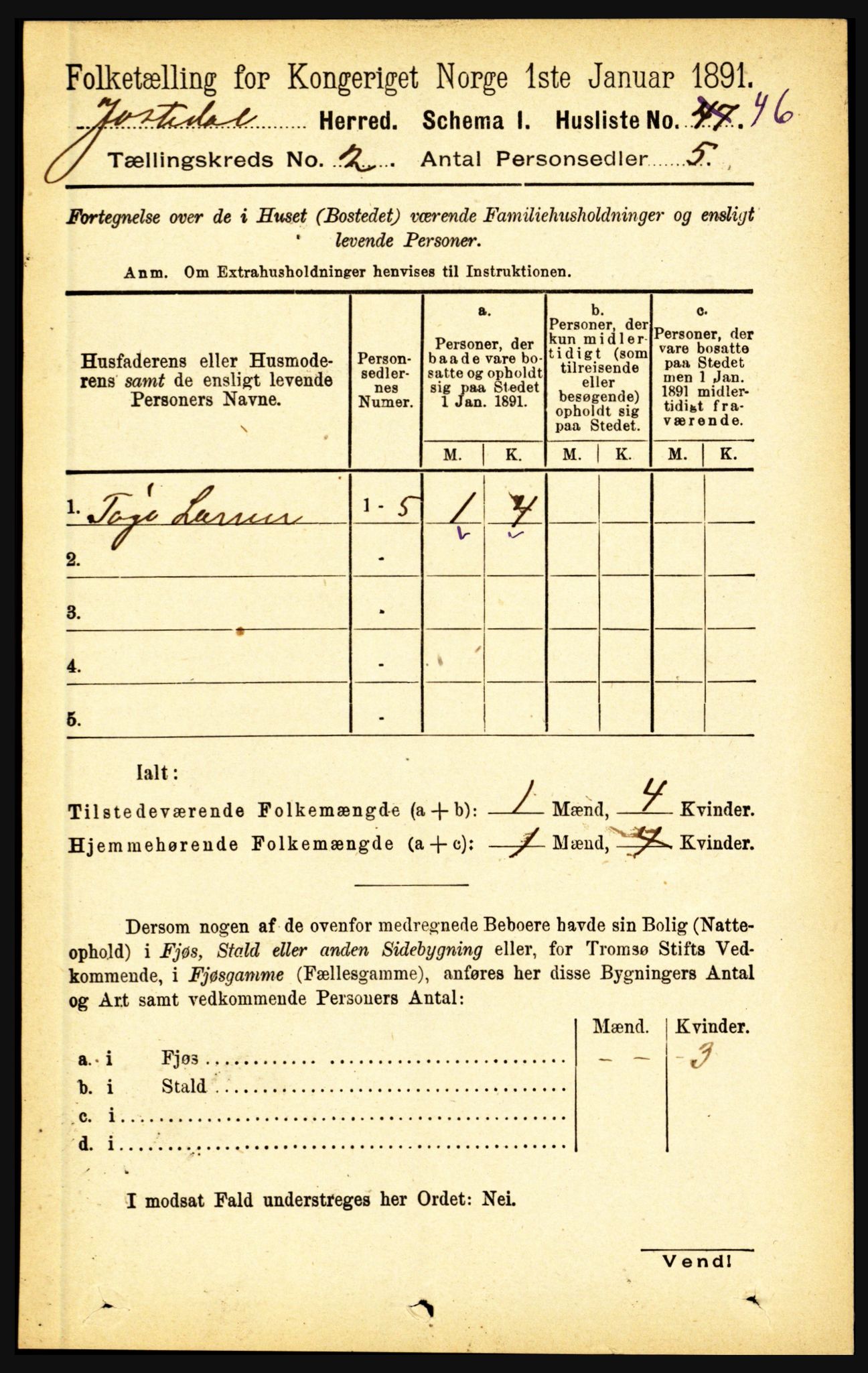 RA, 1891 census for 1427 Jostedal, 1891, p. 497