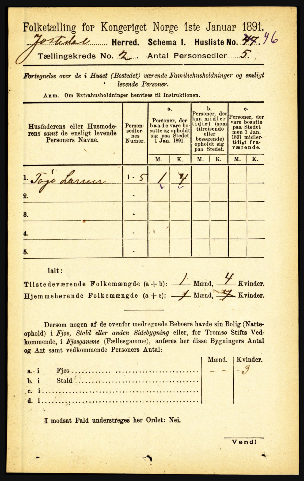 RA, 1891 census for 1427 Jostedal, 1891, p. 497