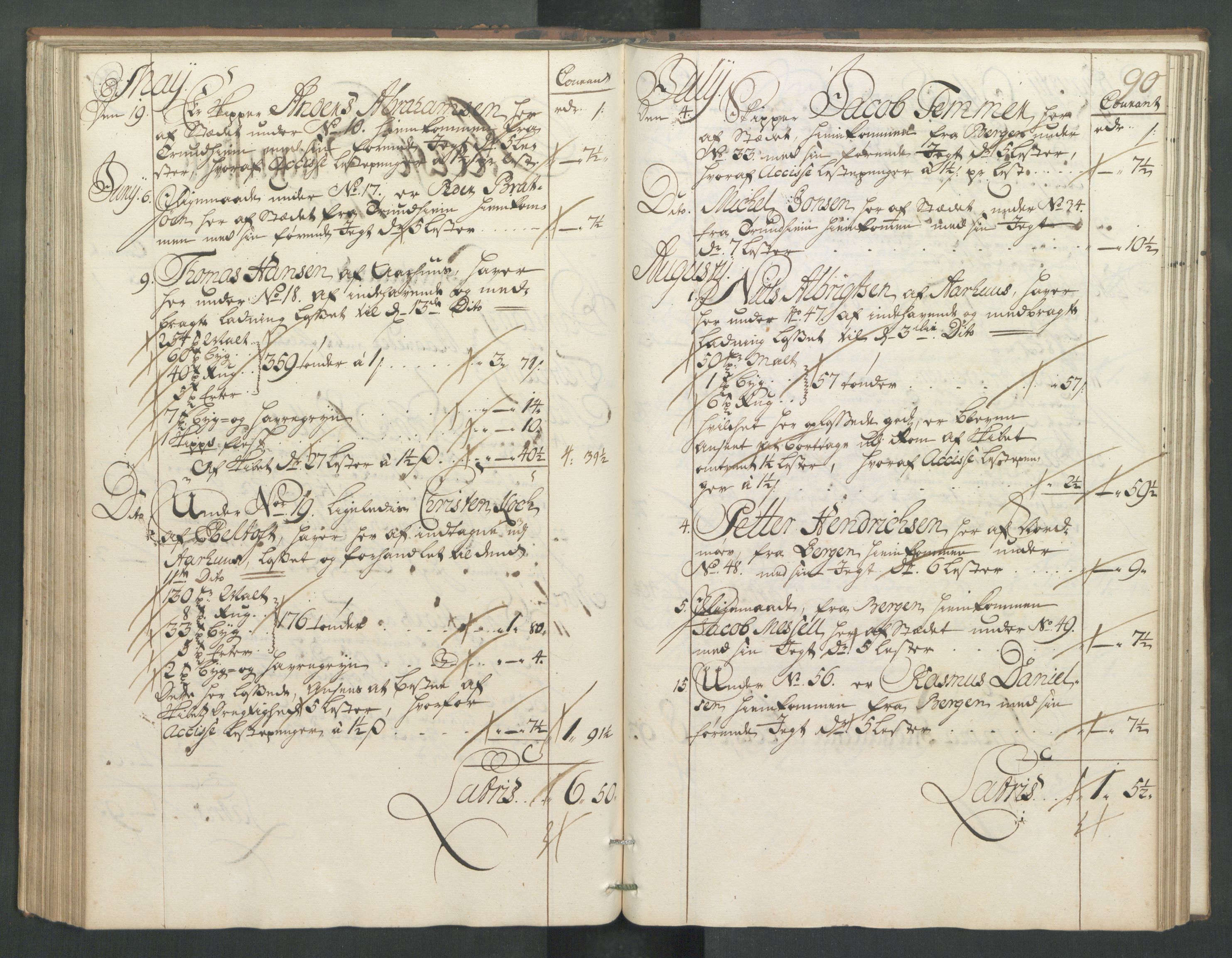Generaltollkammeret, tollregnskaper, RA/EA-5490/R32/L0005/0001: Tollregnskaper Kristiansund / Hovedtollbok, 1733, p. 89b-90a