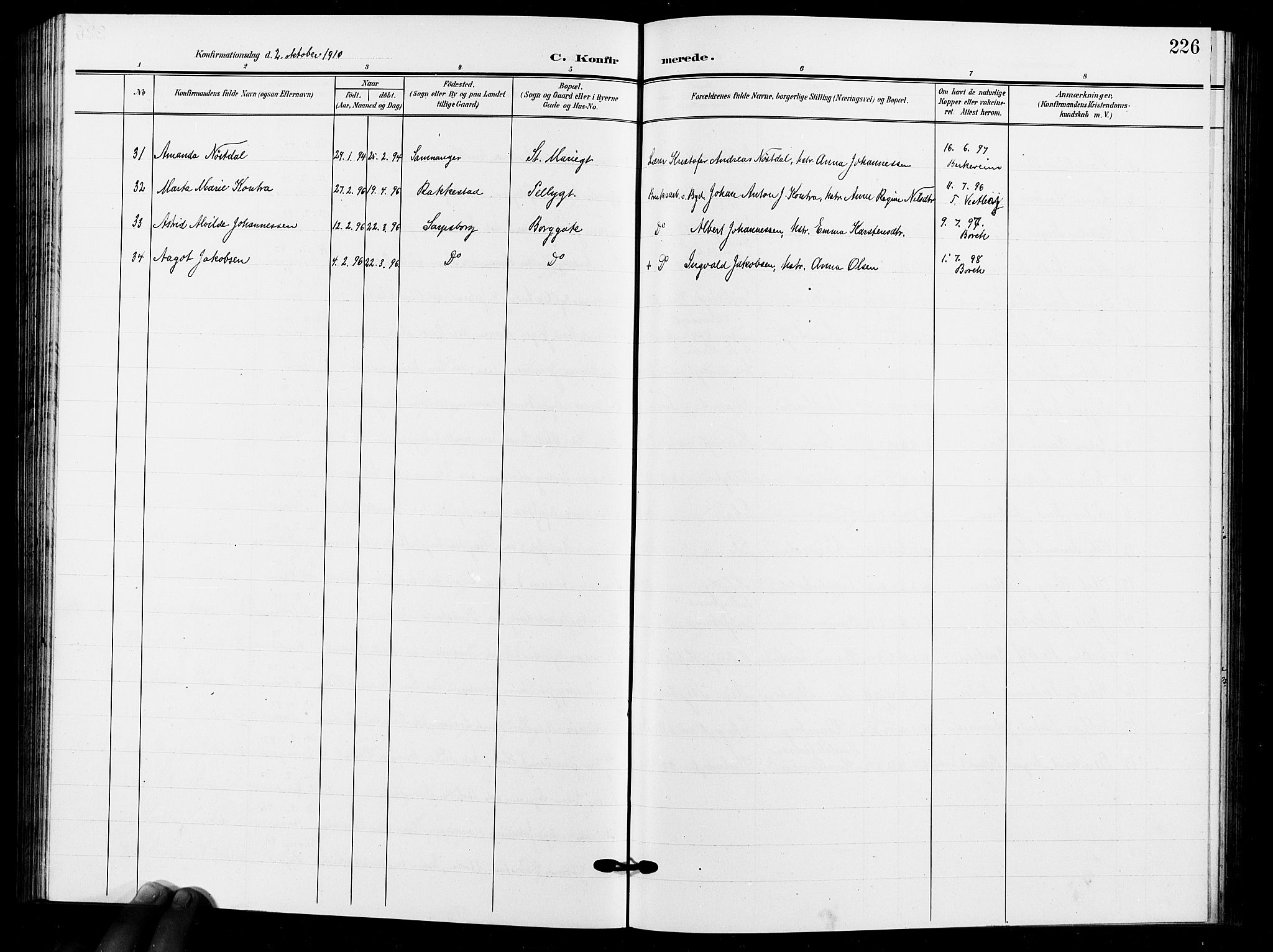 Sarpsborg prestekontor Kirkebøker, SAO/A-2006/G/Ga/L0001: Parish register (copy) no. 1, 1902-1911, p. 226