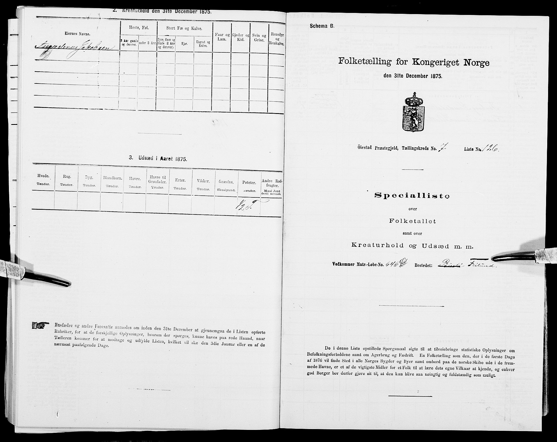 SAK, 1875 census for 0920P Øyestad, 1875, p. 1099