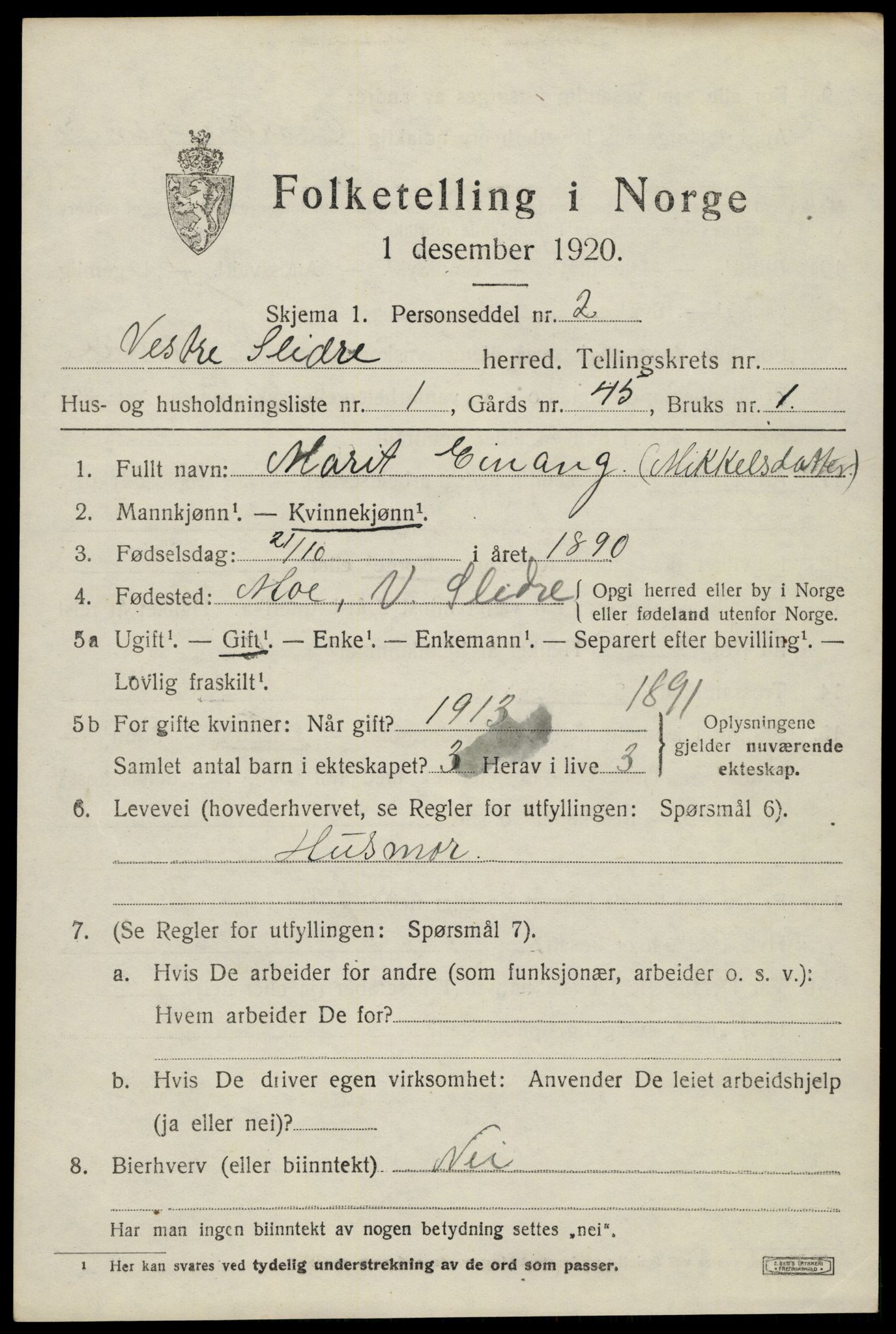 SAH, 1920 census for Vestre Slidre, 1920, p. 2628
