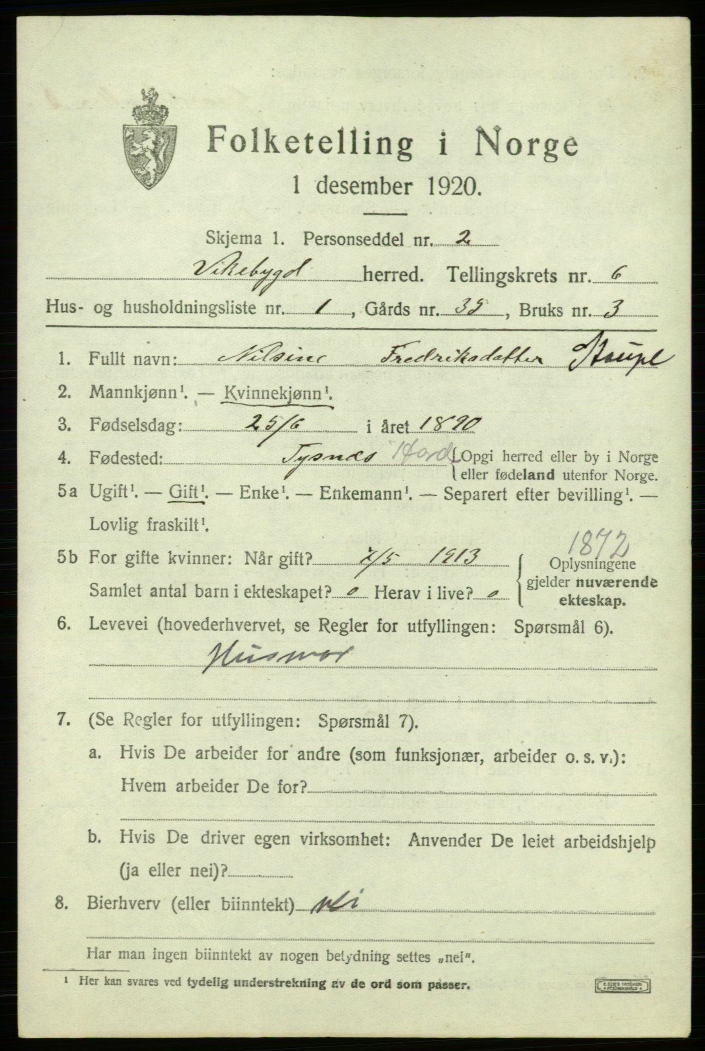 SAB, 1920 census for Vikebygd, 1920, p. 2179